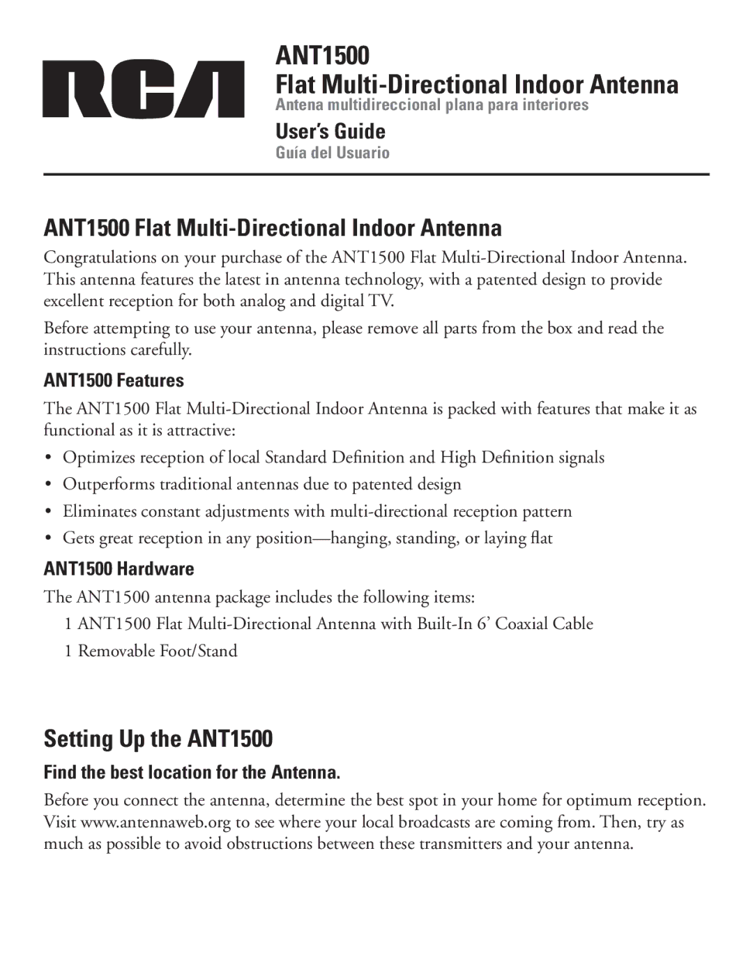 RCA manual ANT1500 Flat Multi-Directional Indoor Antenna, Setting Up the ANT1500, ANT1500 Features, ANT1500 Hardware 