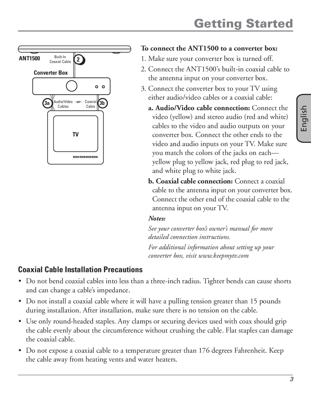 RCA manual Coaxial Cable Installation Precautions, To connect the ANT1500 to a converter box 