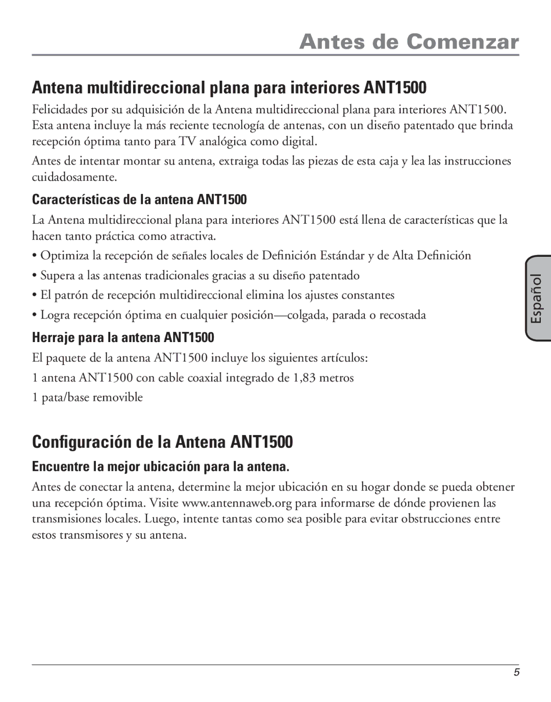 RCA manual Antes de Comenzar, Antena multidireccional plana para interiores ANT1500, Configuración de la Antena ANT1500 