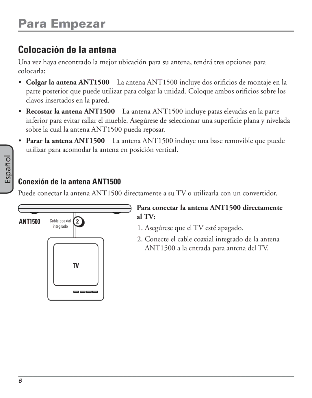 RCA manual Para Empezar, Colocación de la antena, Conexión de la antena ANT1500 