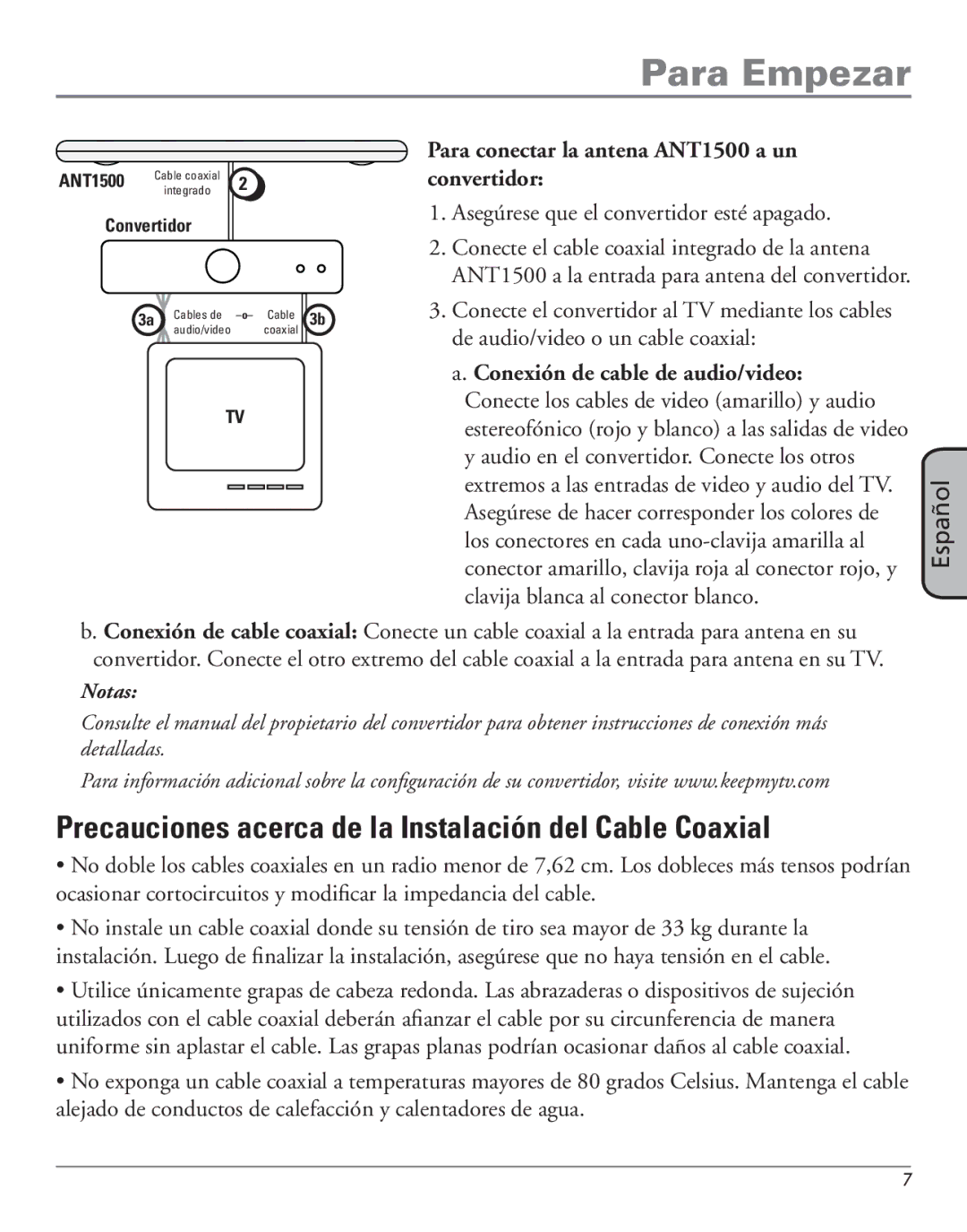 RCA manual Precauciones acerca de la Instalación del Cable Coaxial, Para conectar la antena ANT1500 a un convertidor 