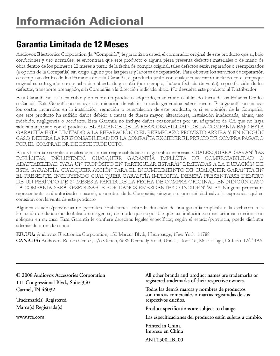 RCA ANT1500 manual Información Adicional, Garantía Limitada de 12 Meses 