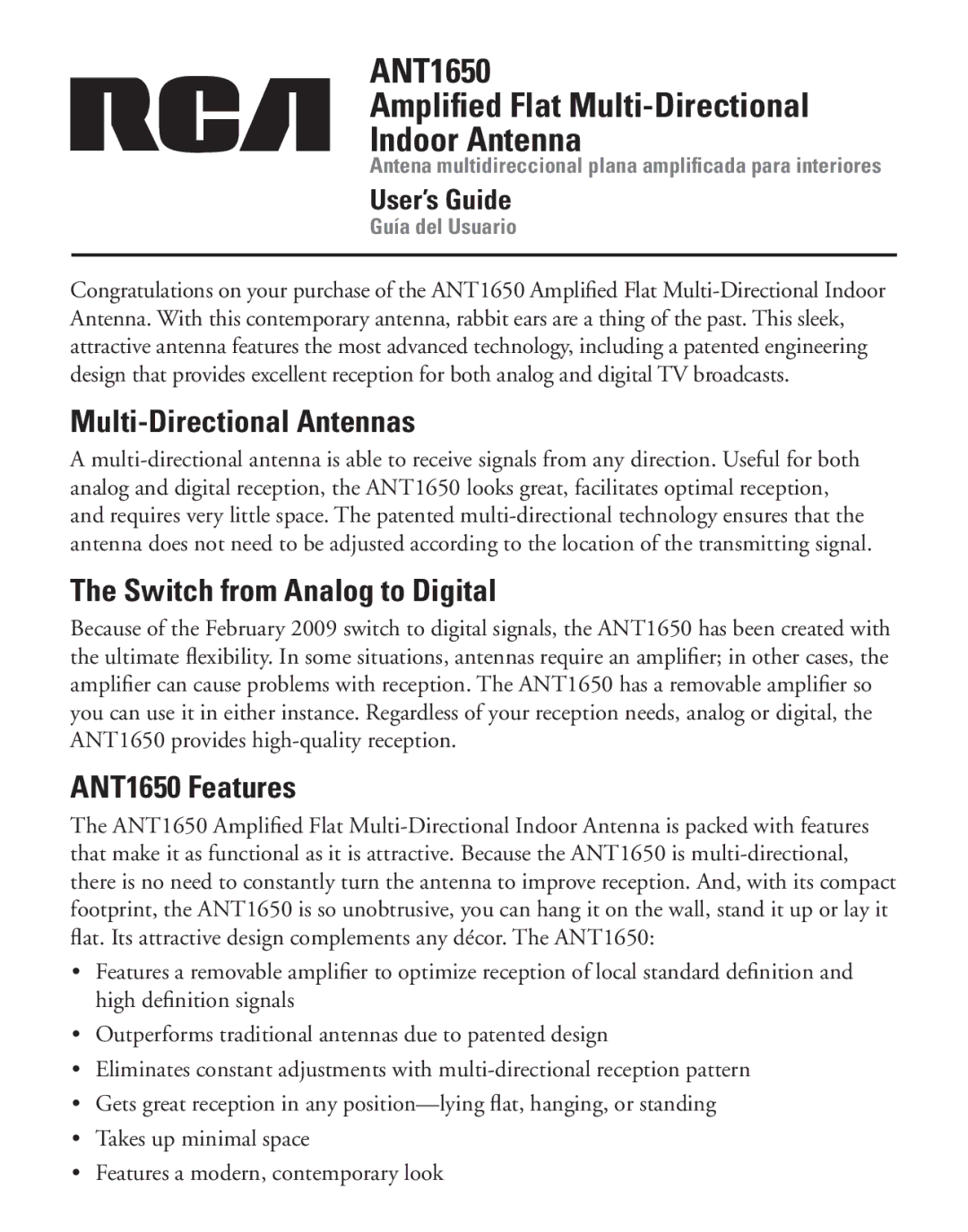 RCA ANT1650R manual Multi-Directional Antennas, Switch from Analog to Digital, ANT1650 Features 