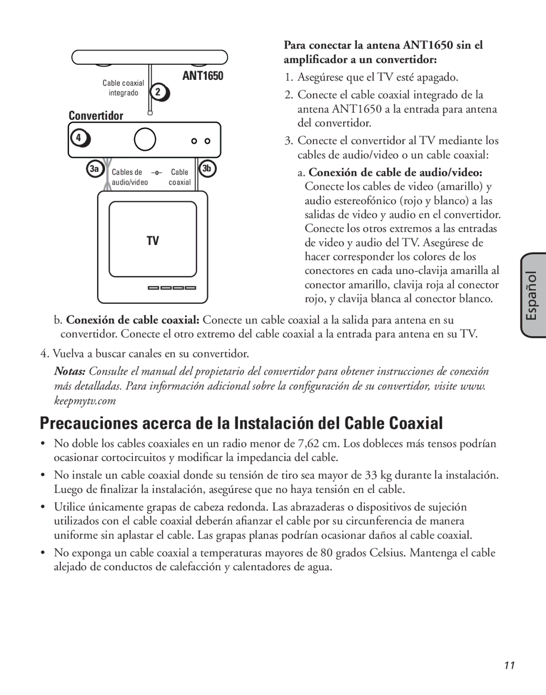 RCA ANT1650R manual Precauciones acerca de la Instalación del Cable Coaxial 