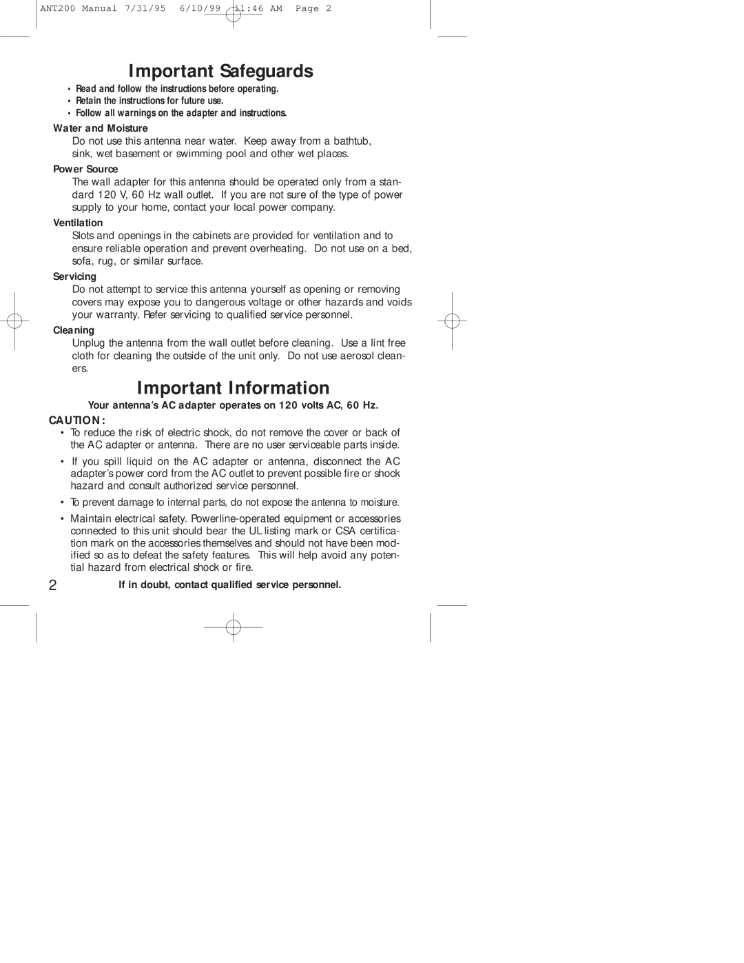 RCA ANT200 warranty Important Safeguards, Important Information 