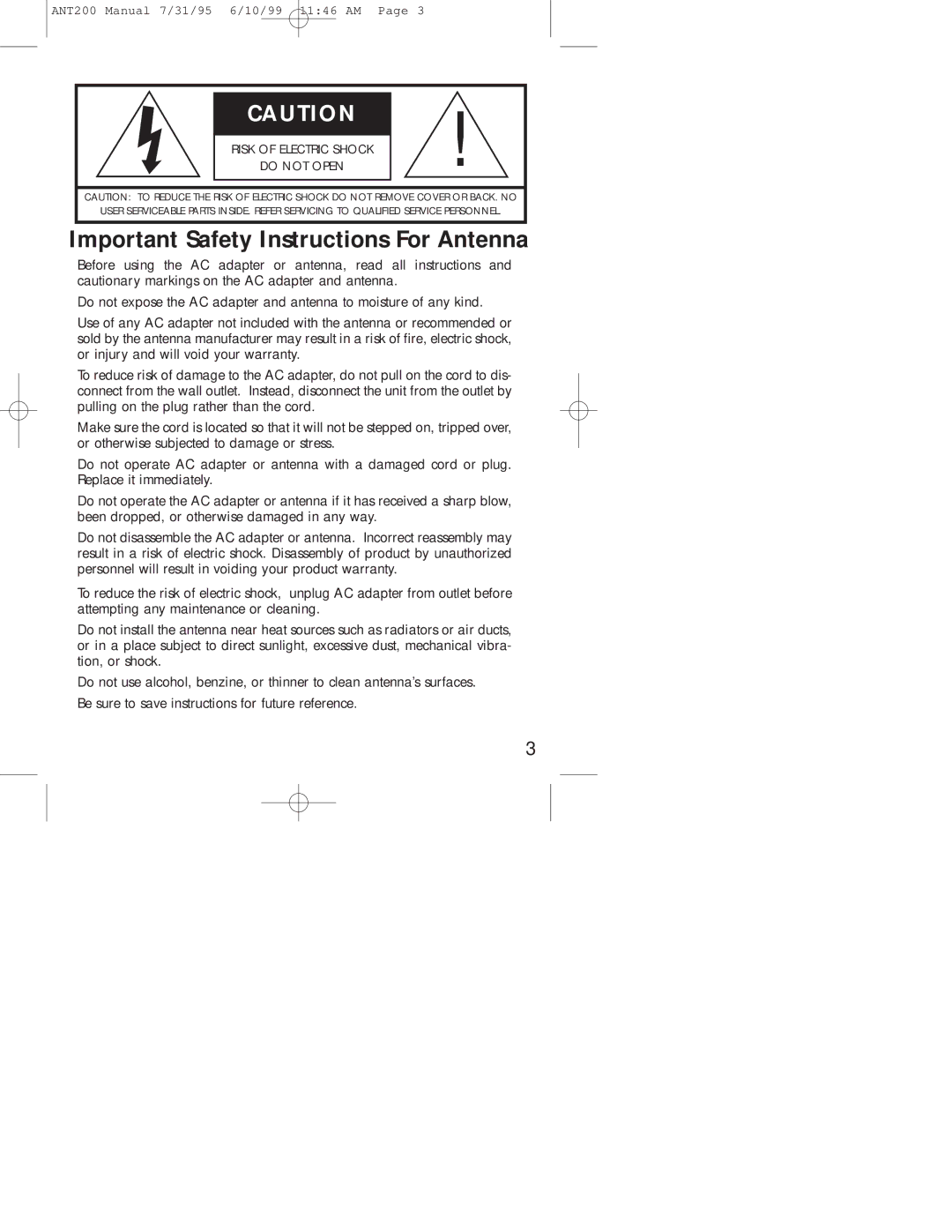 RCA ANT200 warranty Important Safety Instructions For Antenna 