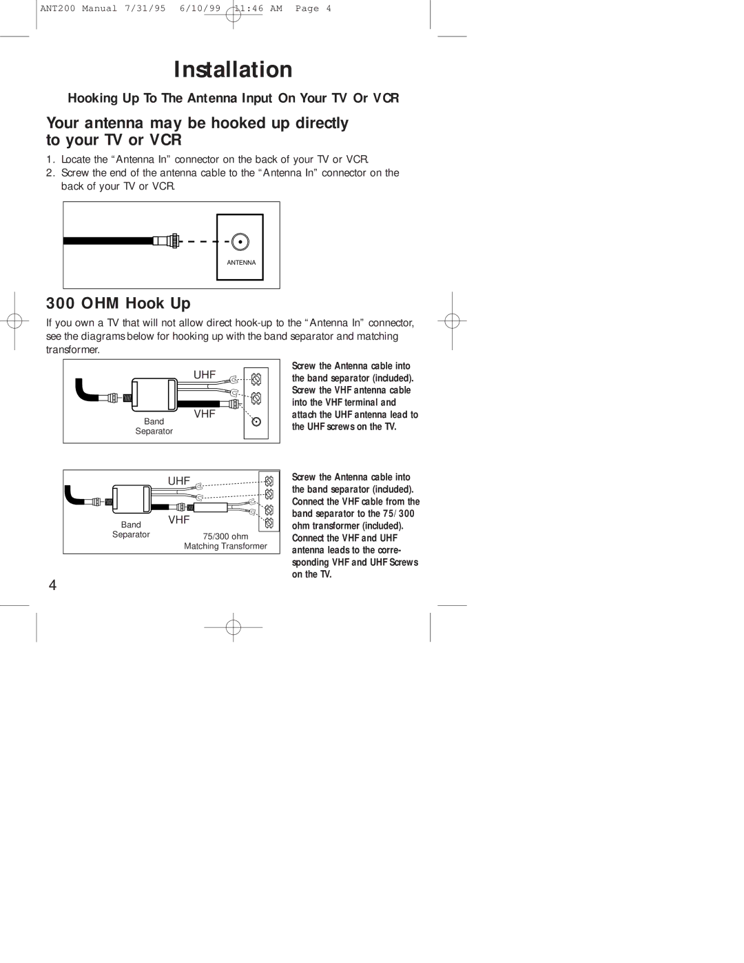 RCA ANT200 warranty Installation, Hooking Up To The Antenna Input On Your TV Or VCR 