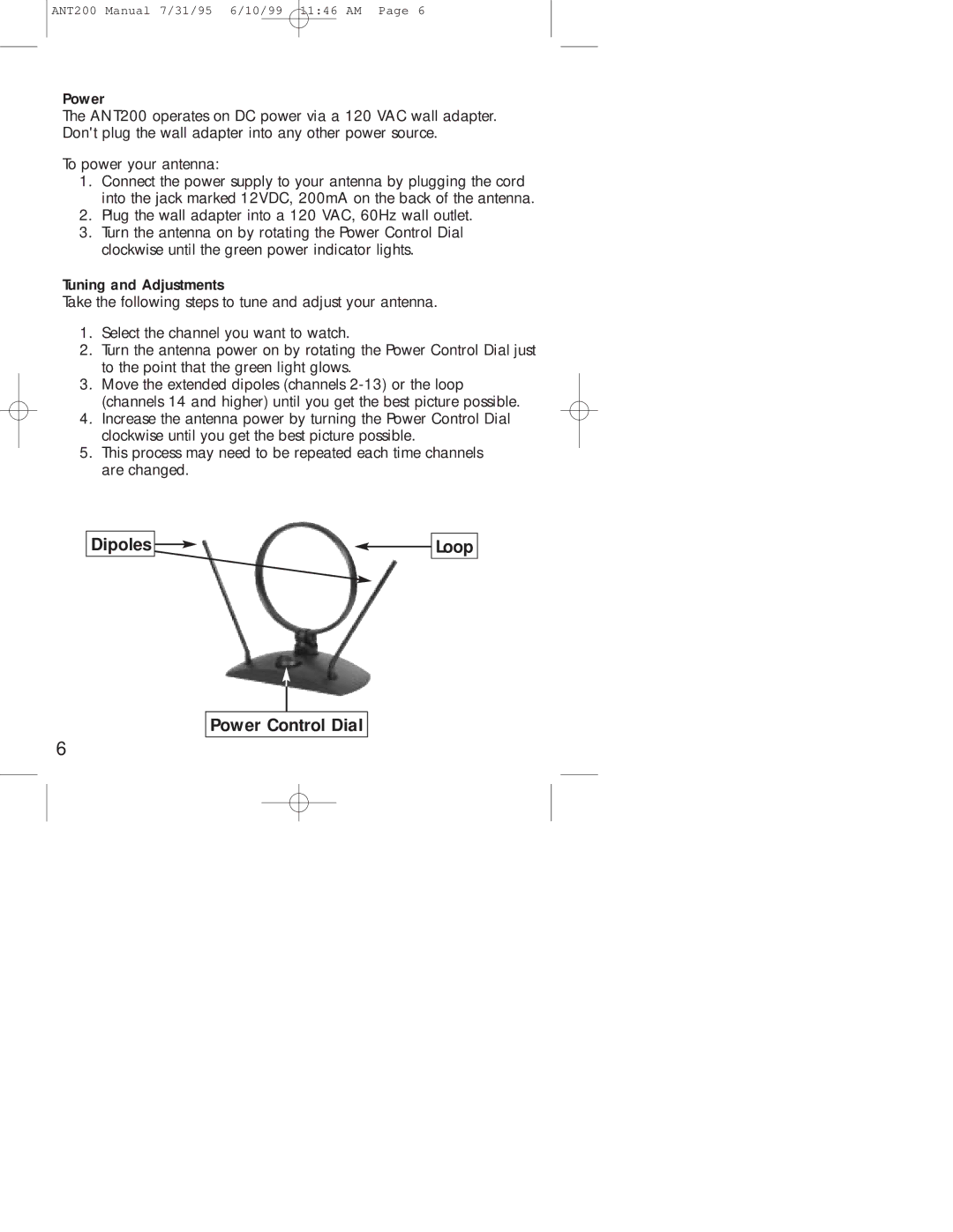 RCA ANT200 warranty Dipoles Loop Power Control Dial 