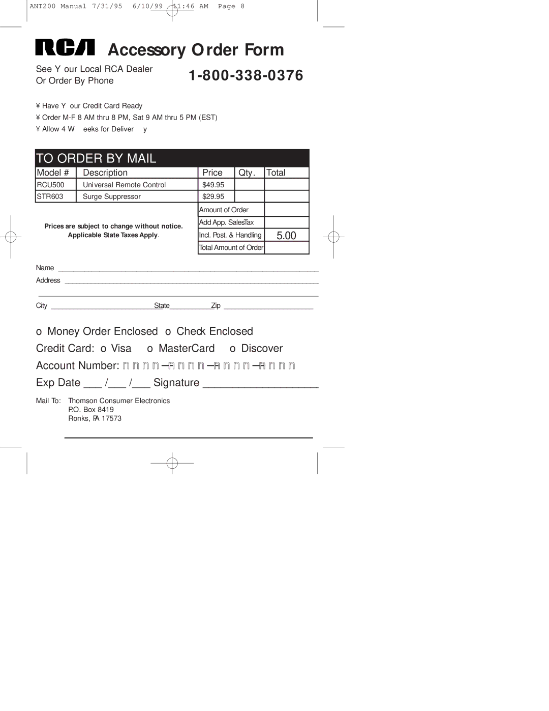 RCA ANT200 warranty Accessory Order Form, See Your Local RCA Dealer Or Order By Phone 