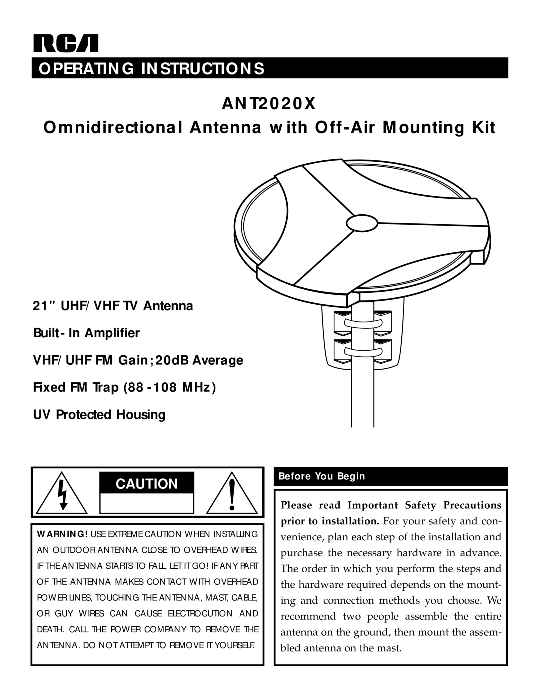 RCA manual ANT2020X Omnidirectional Antenna with Off-Air Mounting Kit 