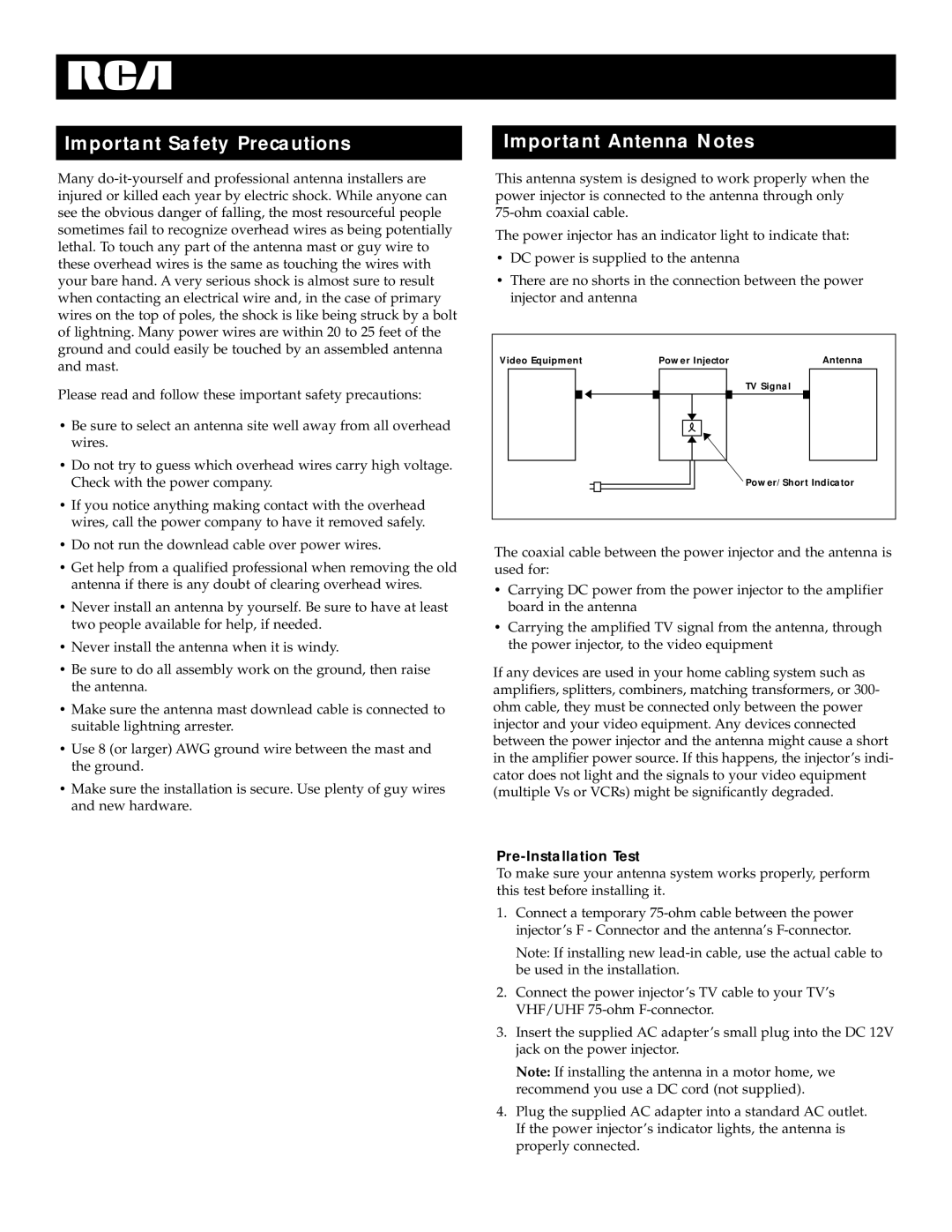 RCA ANT2020X manual Important Safety Precautions, Important Antenna Notes 