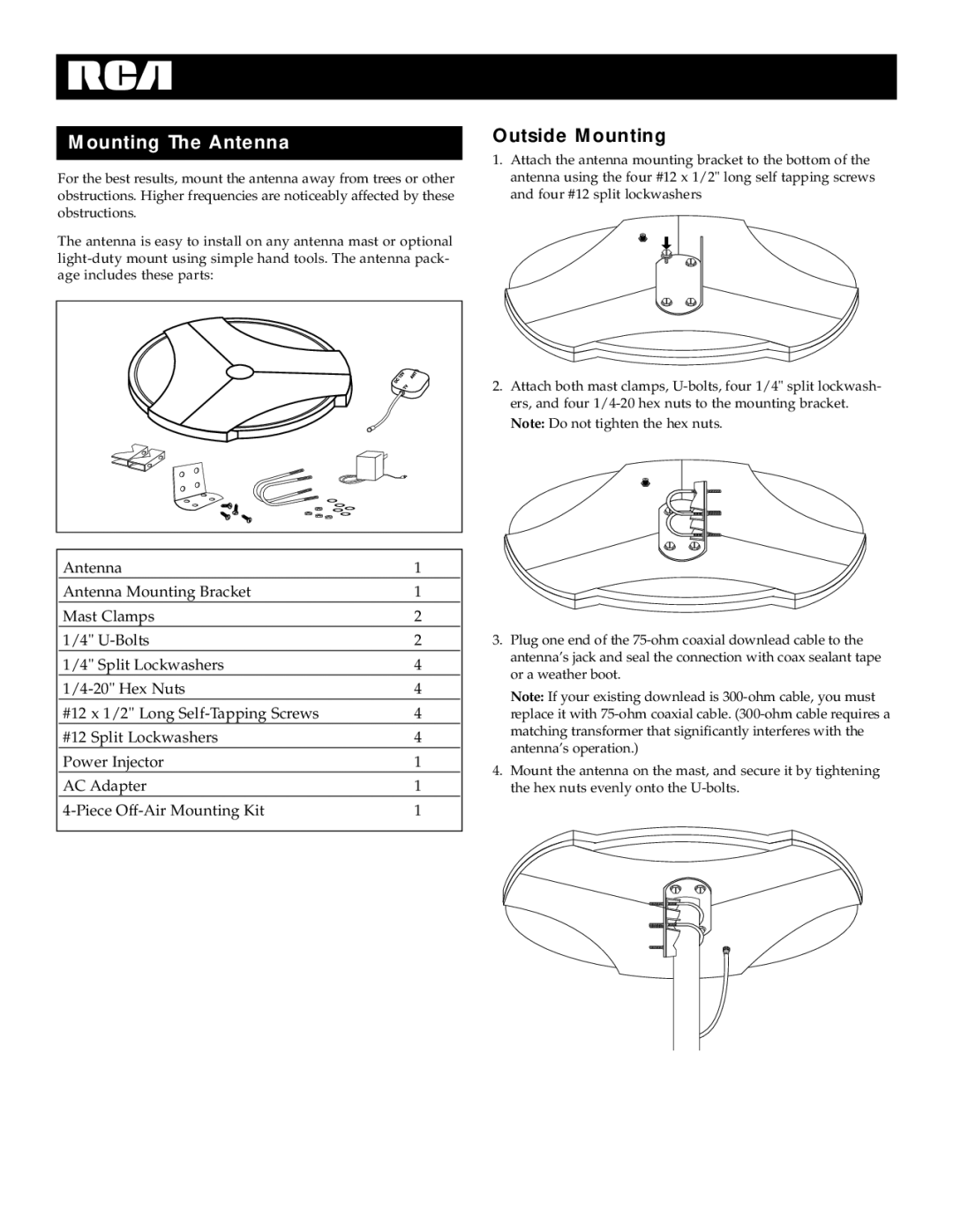 RCA ANT2020X manual Mounting The Antenna, Outside Mounting 