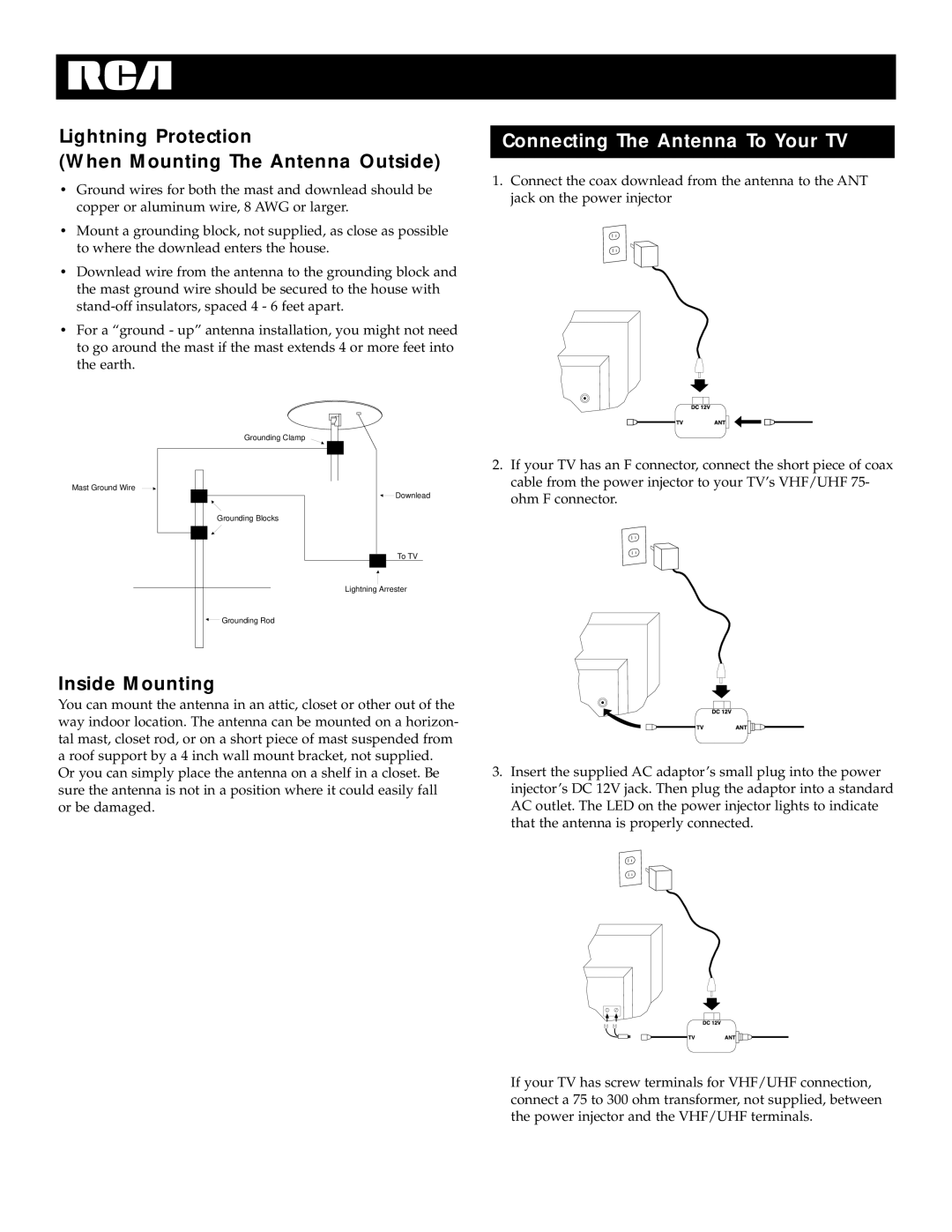 RCA ANT2020X Lightning Protection When Mounting The Antenna Outside, Connecting The Antenna To Your TV, Inside Mounting 