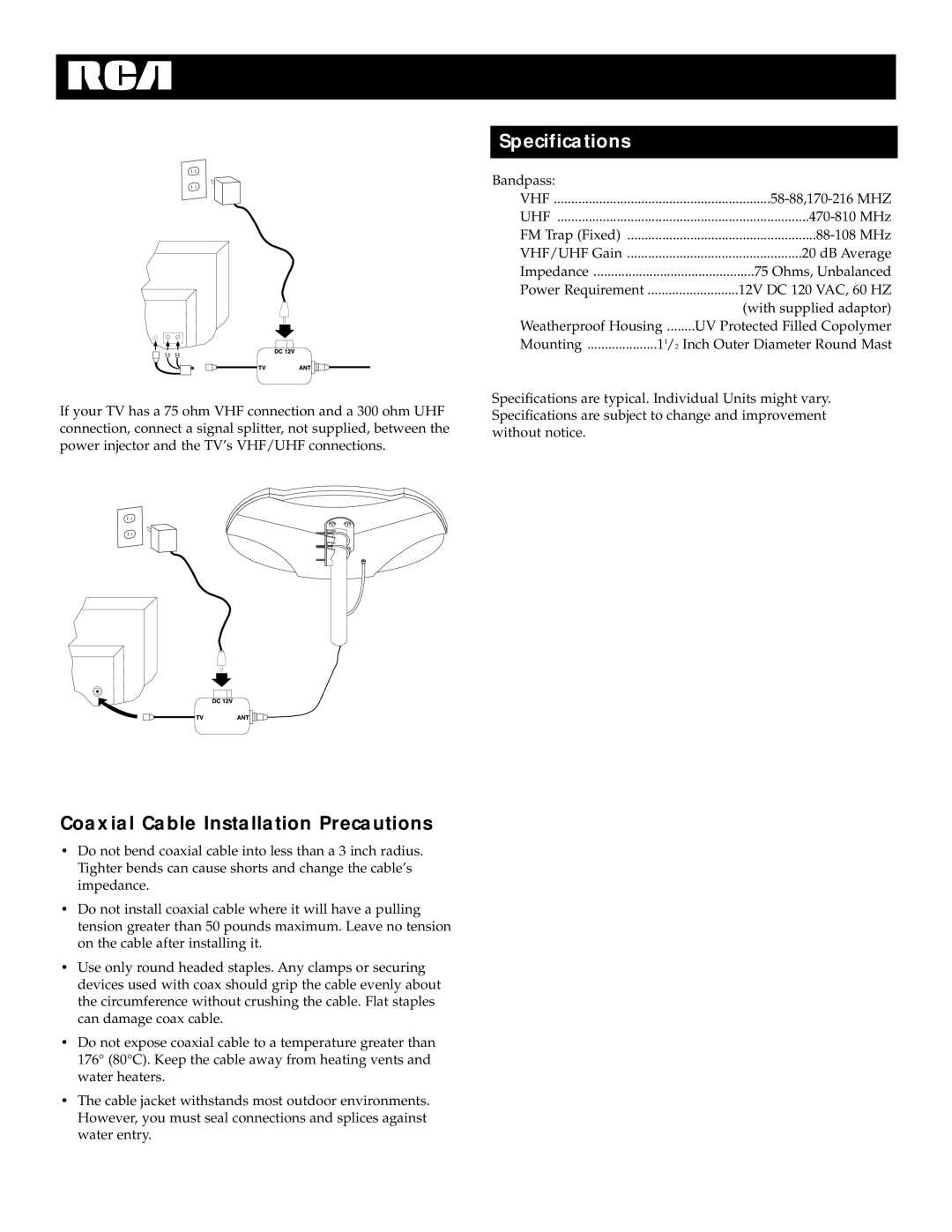 RCA ANT2020X manual Coaxial Cable Installation Precautions, Specifications 