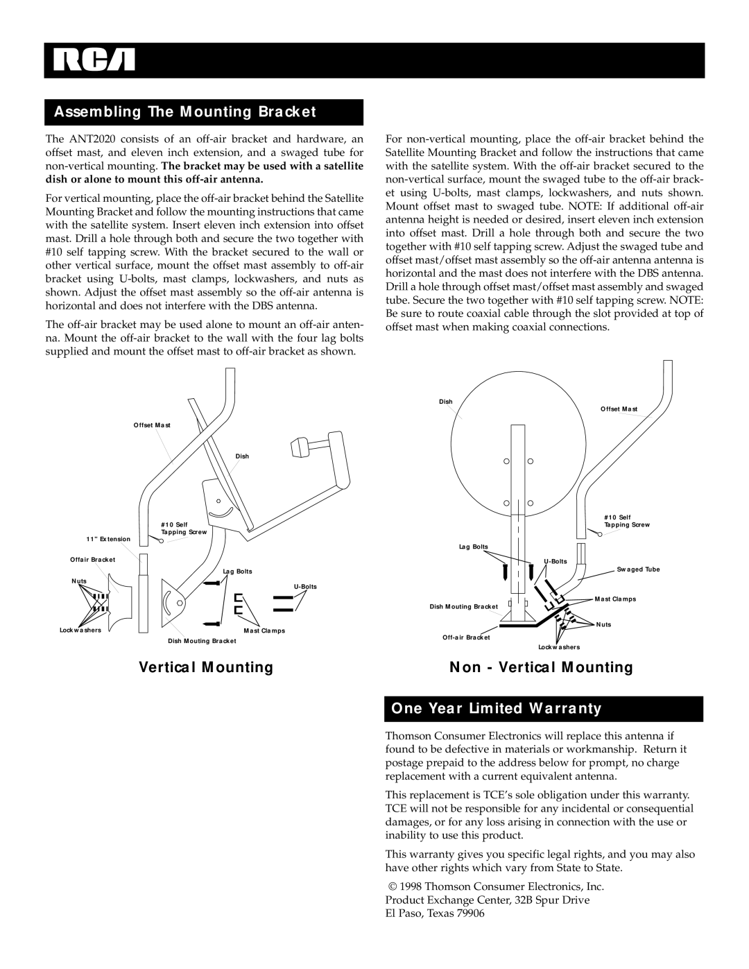 RCA ANT2020X manual Assembling The Mounting Bracket, Non Vertical Mounting, One Year Limited Warranty 