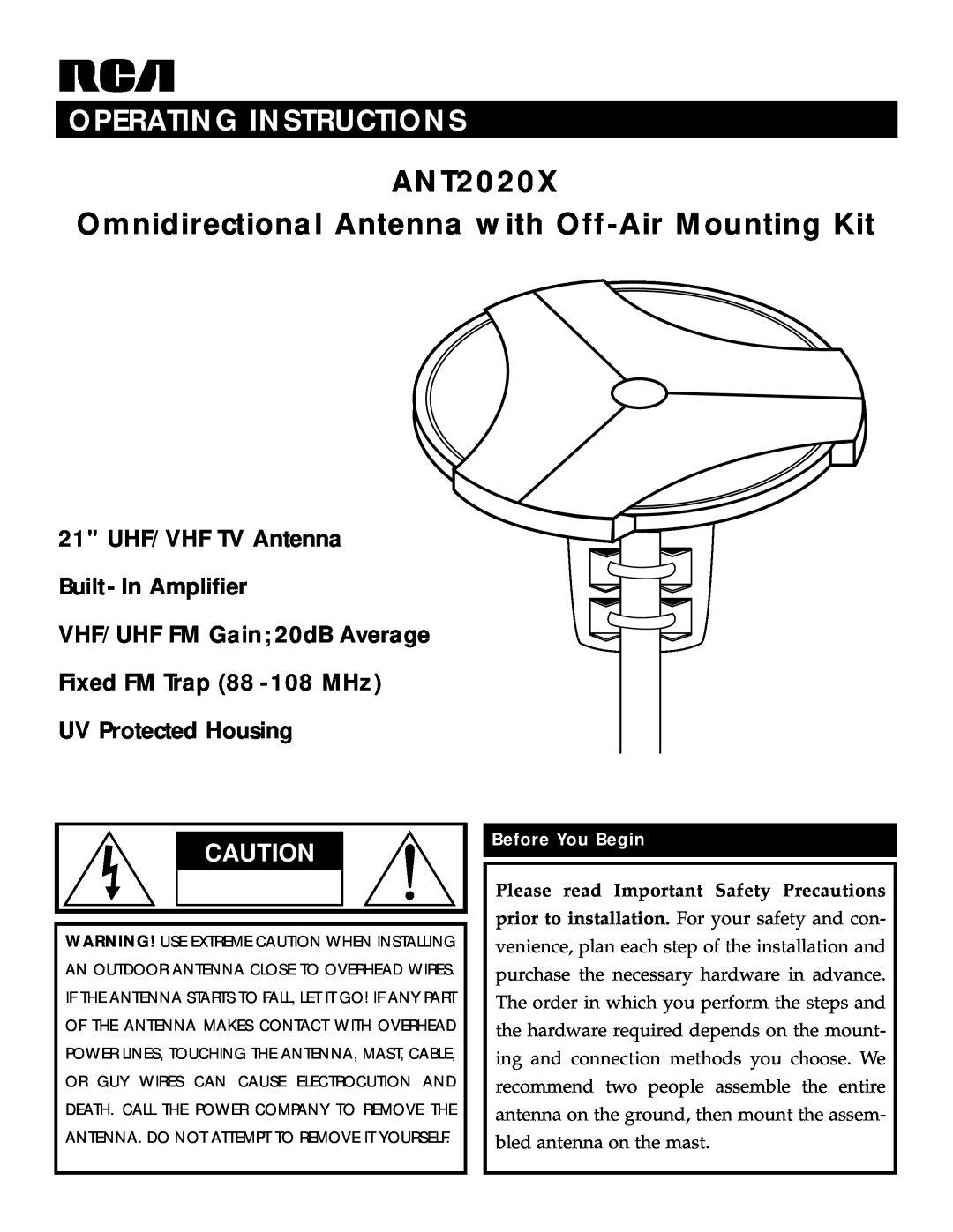 RCA ANT2020X manual Omnidirectional Antenna with Off-AirMounting Kit, Operating Instructions, VHF/UHF FM Gain 20dB Average 