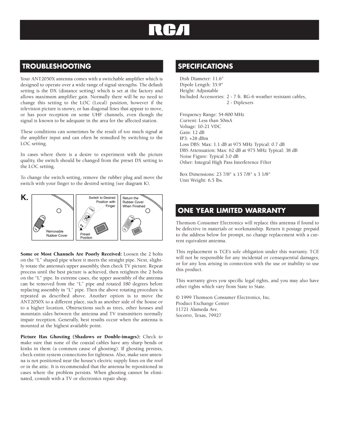 RCA ANT2050X specifications Troubleshooting, Specifications, ONE Year Limited Warranty 