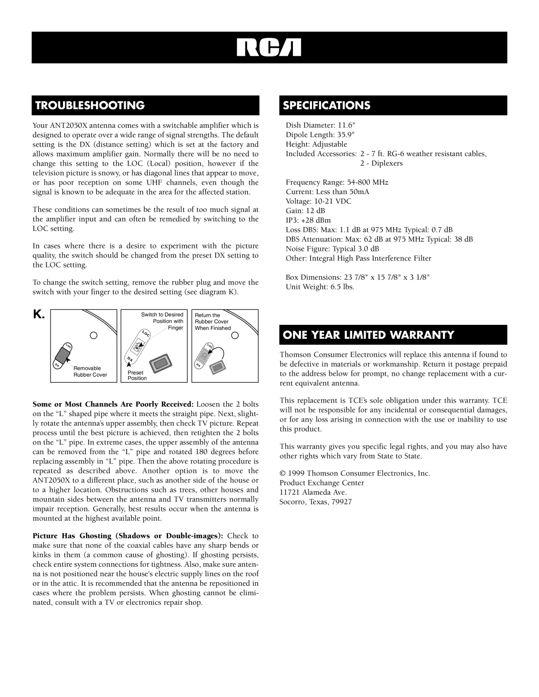 RCA ANT2050X specifications Troubleshooting 