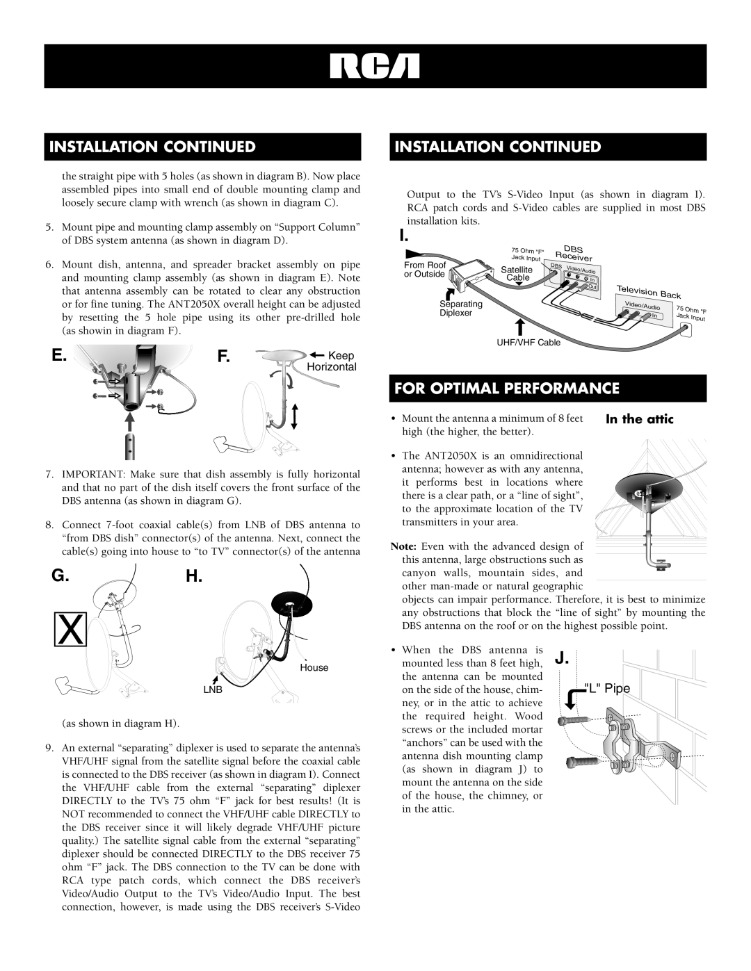 RCA ANT2050X specifications Installation, For Optimal Performance 