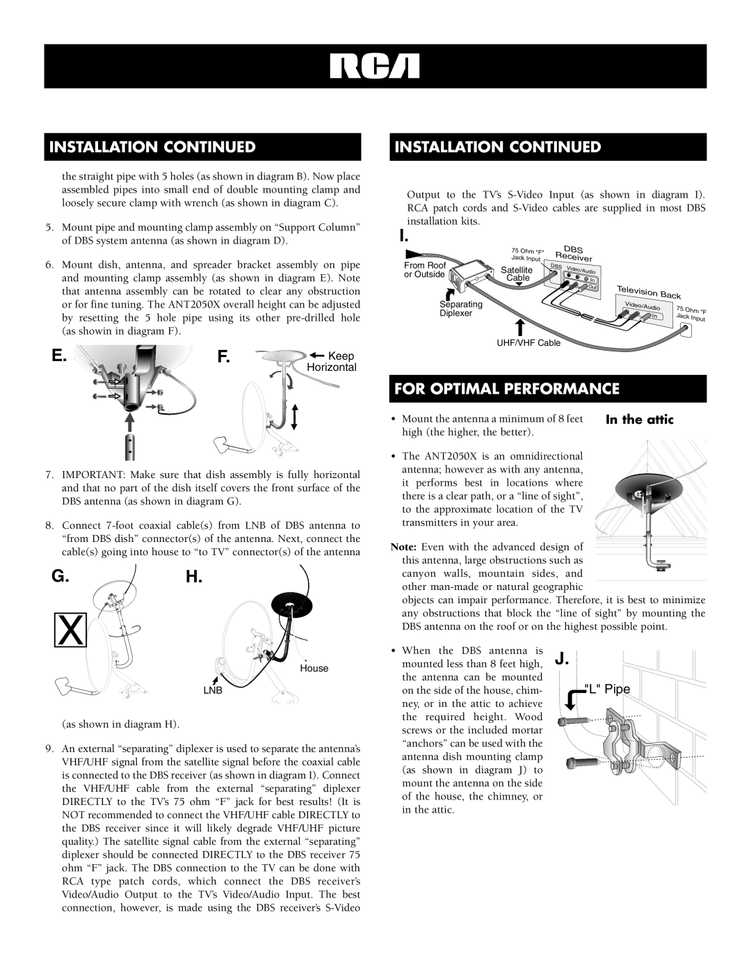 RCA ANT2050X specifications G. H, Installation Continued, For Optimal Performance, L Pipe, In the attic, Keep 