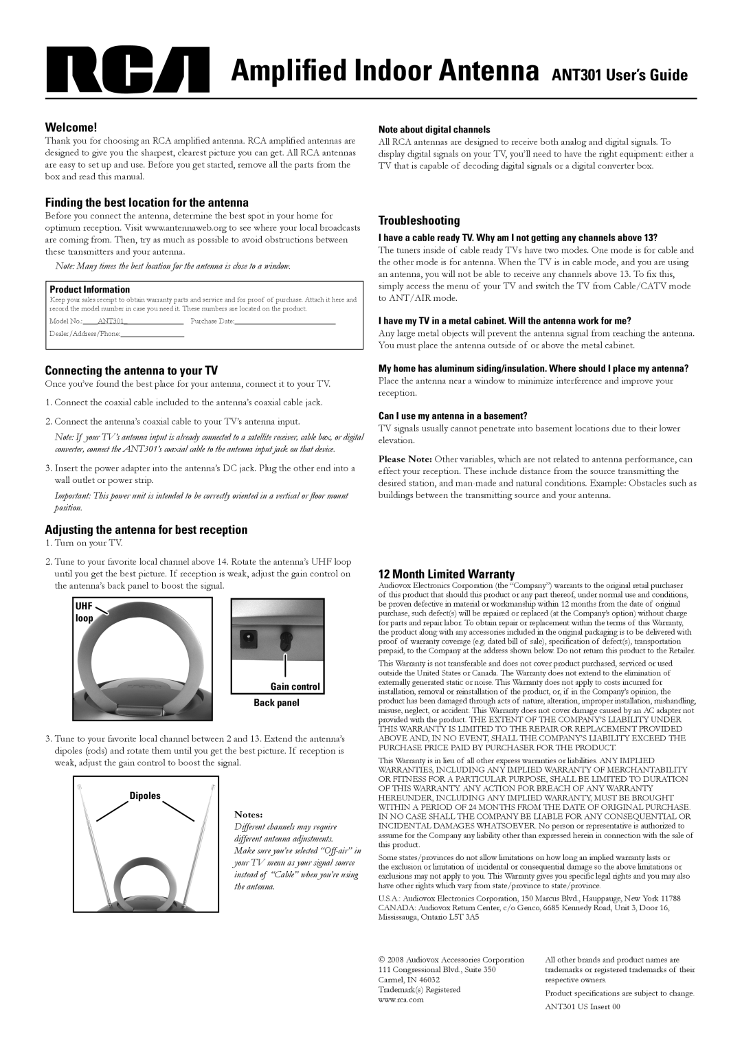 RCA ANT301 warranty Welcome, Finding the best location for the antenna, Connecting the antenna to your TV, Troubleshooting 