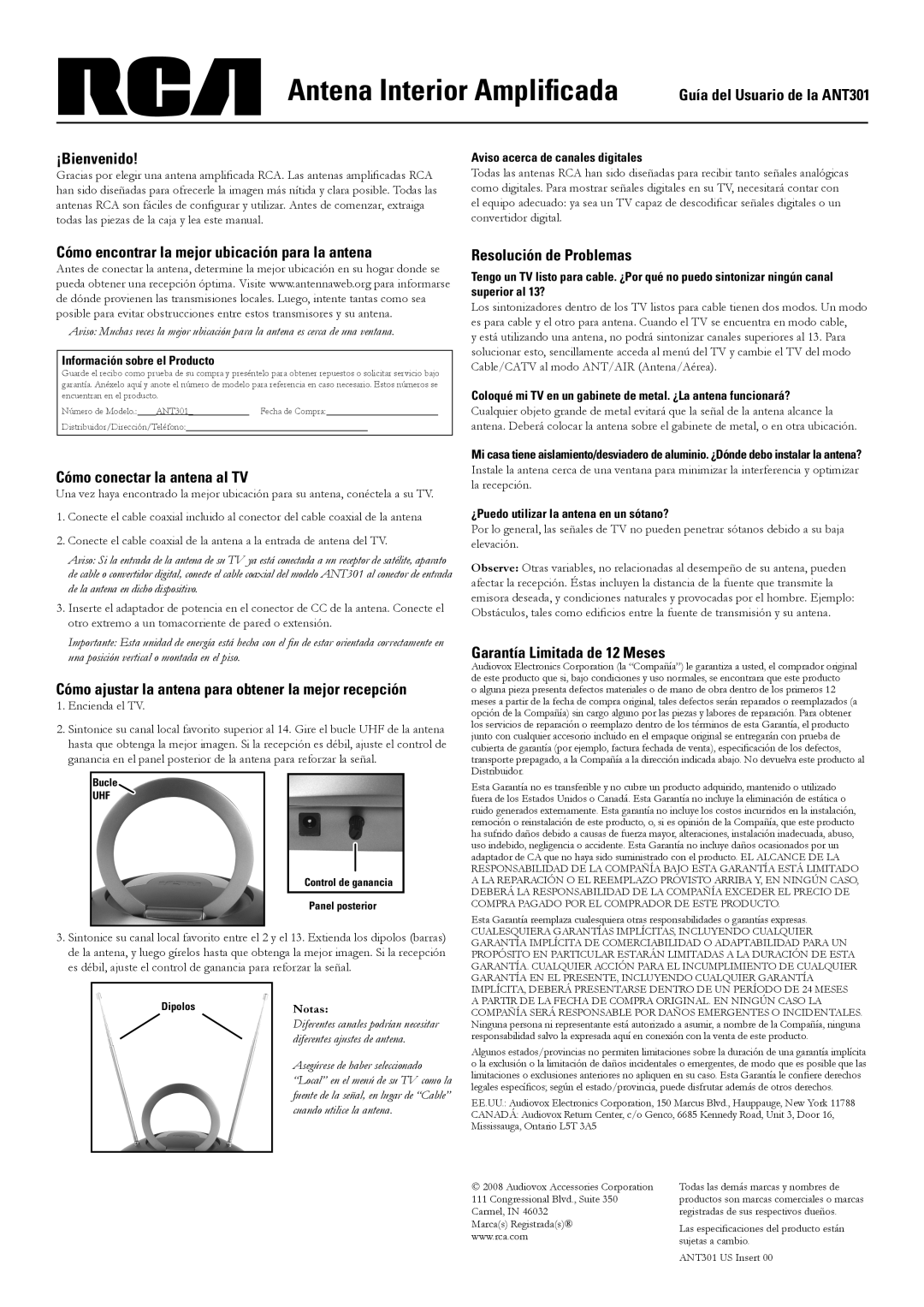RCA warranty Guía del Usuario de la ANT301 ¡Bienvenido, Cómo encontrar la mejor ubicación para la antena 