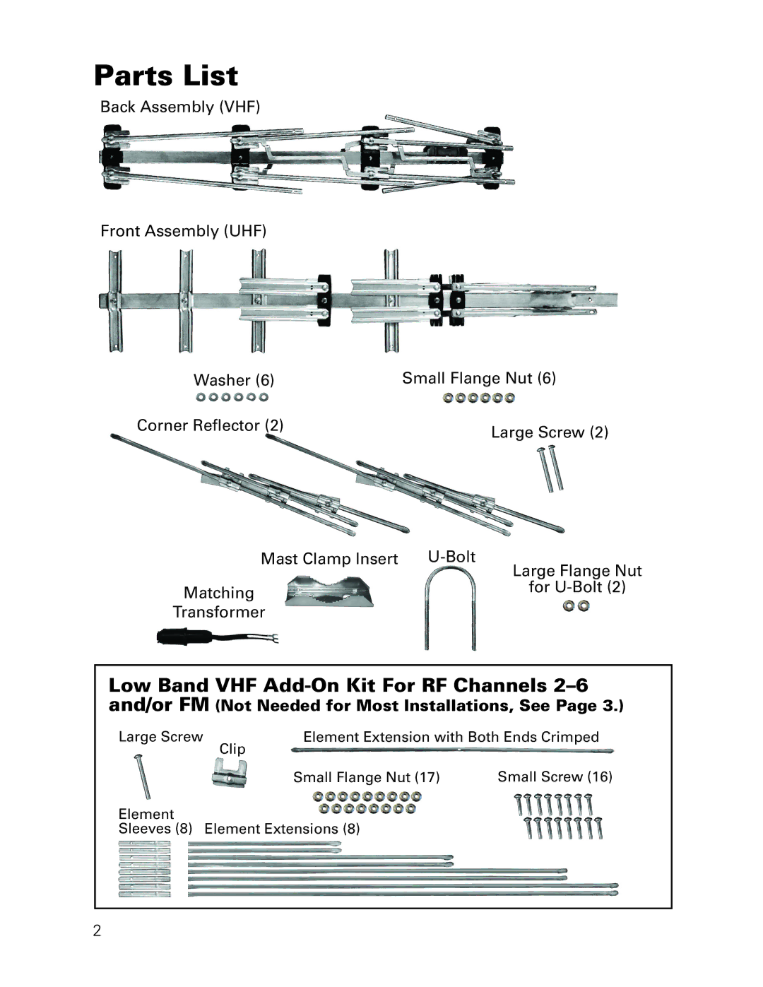 RCA ANT3037X installation manual Parts List, Low Band VHF Add-On Kit For RF Channels 