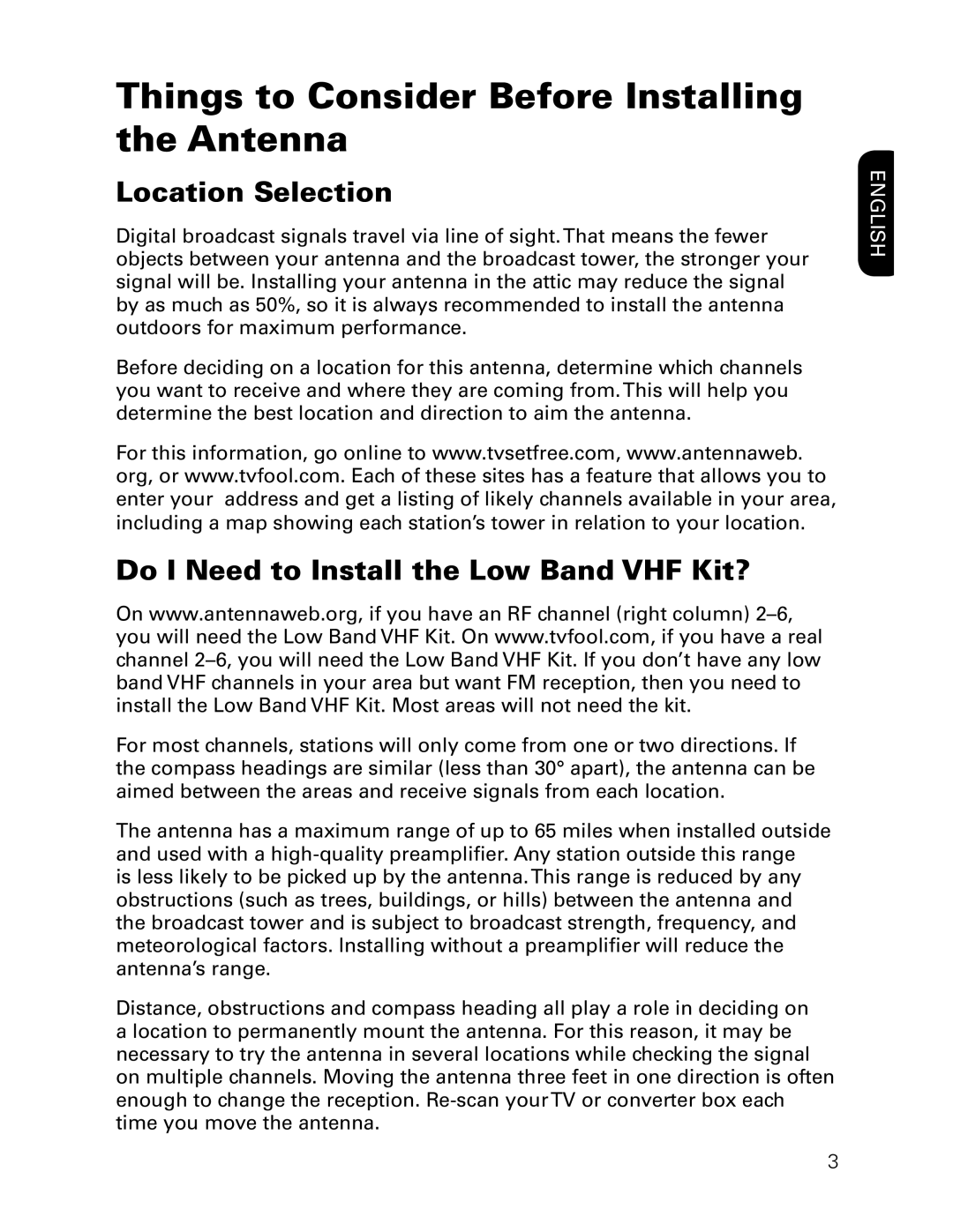 RCA ANT3037X installation manual Things to Consider Before Installing the Antenna, Location Selection 