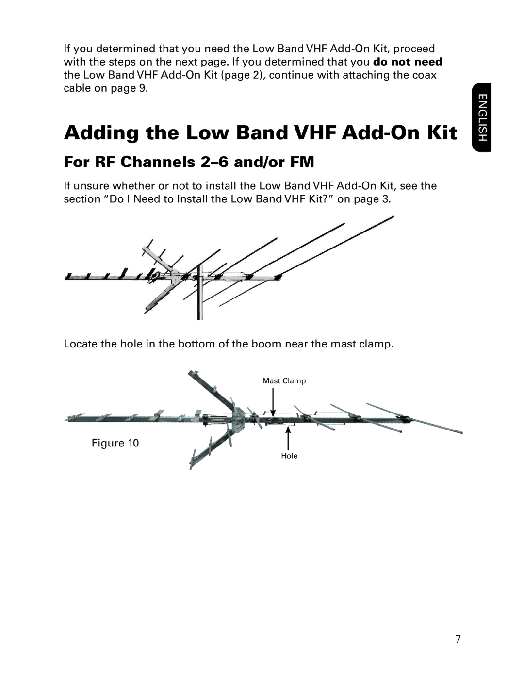 RCA ANT3037X installation manual Adding the Low Band VHF Add-On Kit, For RF Channels 2-6 and/or FM 