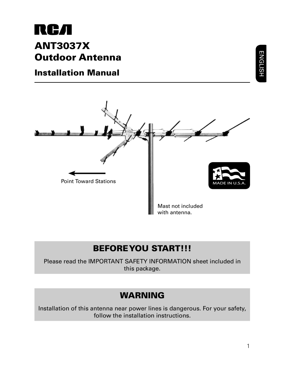 RCA installation manual Installation Manual, Before You Start, English, ANT3037X Outdoor Antenna 