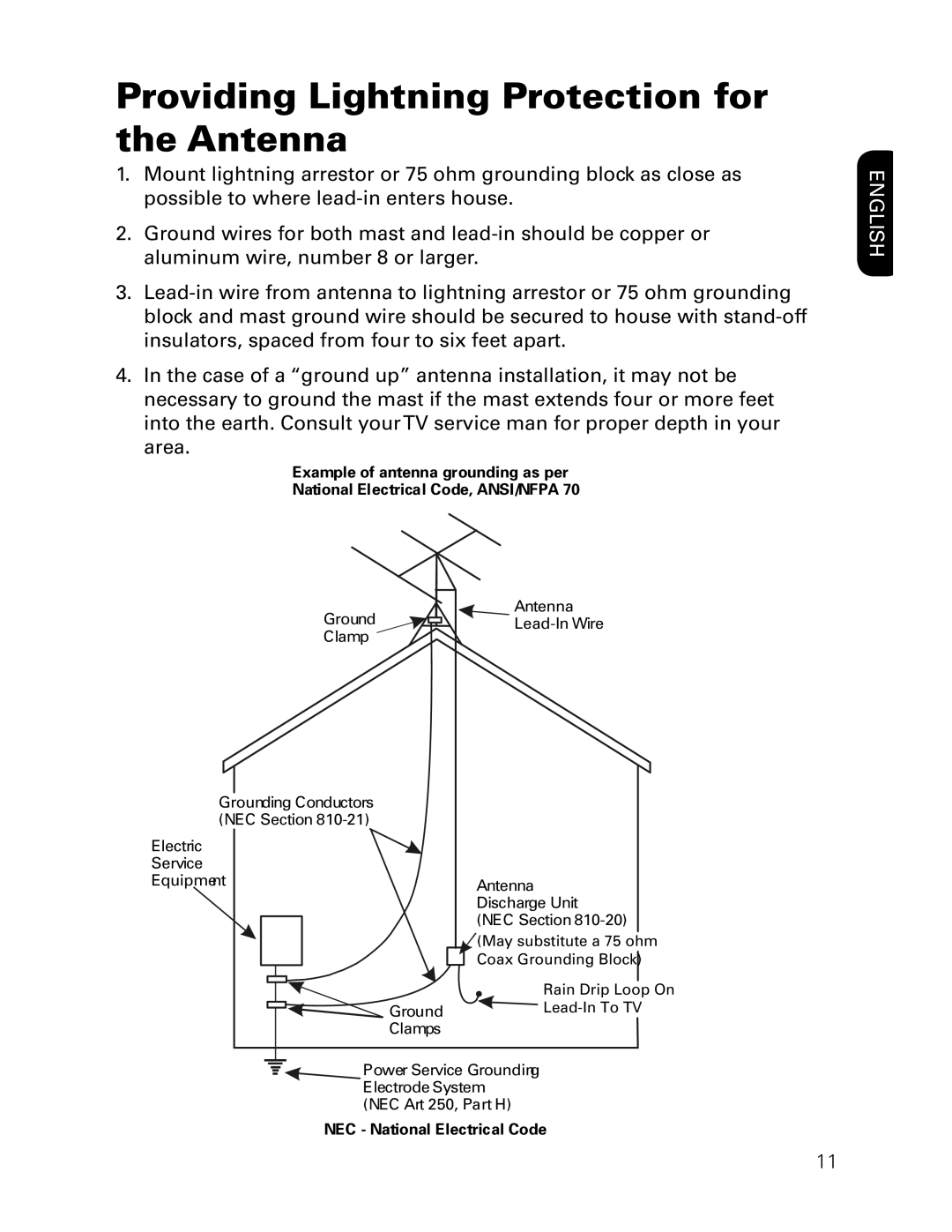 RCA ANT3037X installation manual Providing Lightning Protection for the Antenna, English 
