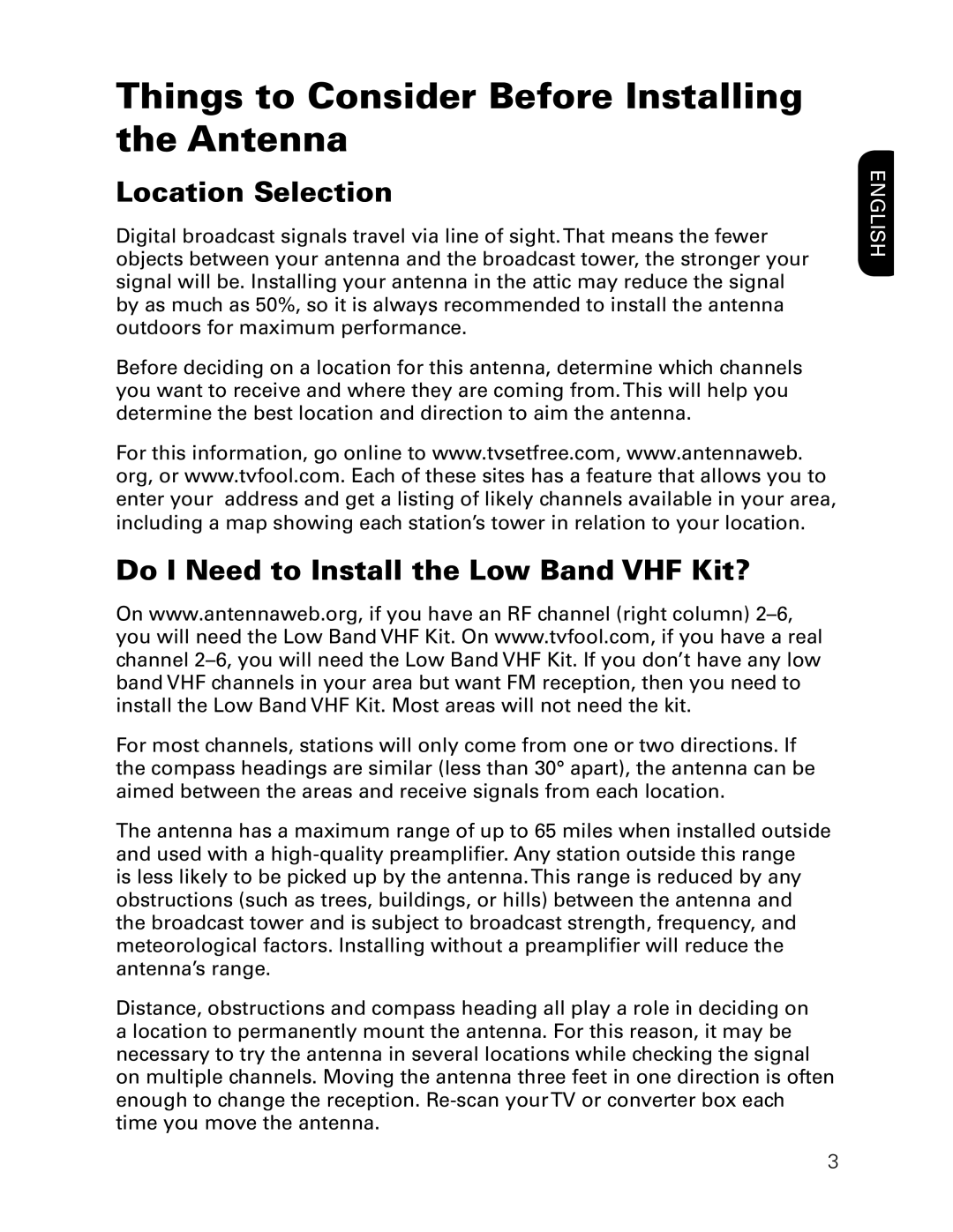 RCA ANT3037X installation manual Things to Consider Before Installing the Antenna, Location Selection, English 