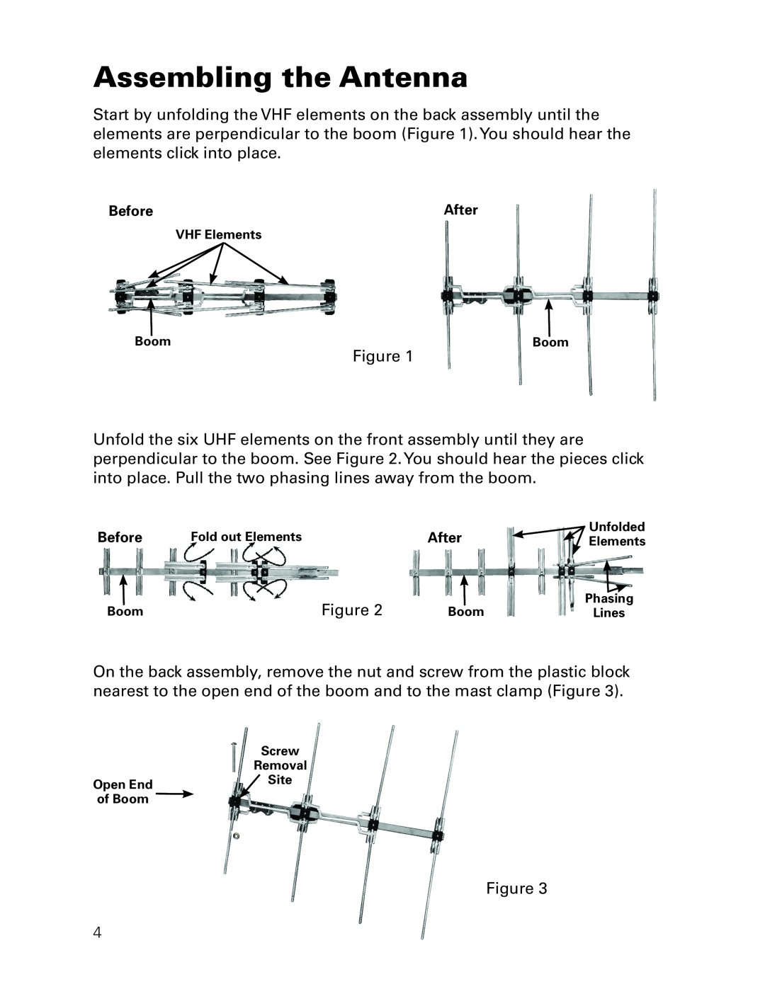 RCA ANT3037X installation manual Assembling the Antenna, Boom, Unfolded, Elements, Phasing, Lines 