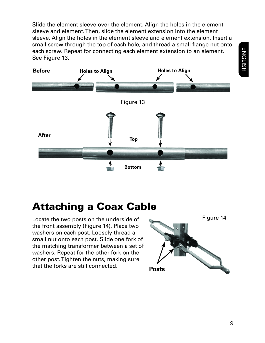 RCA ANT3037X installation manual Attaching a Coax Cable, Before, Posts, English 