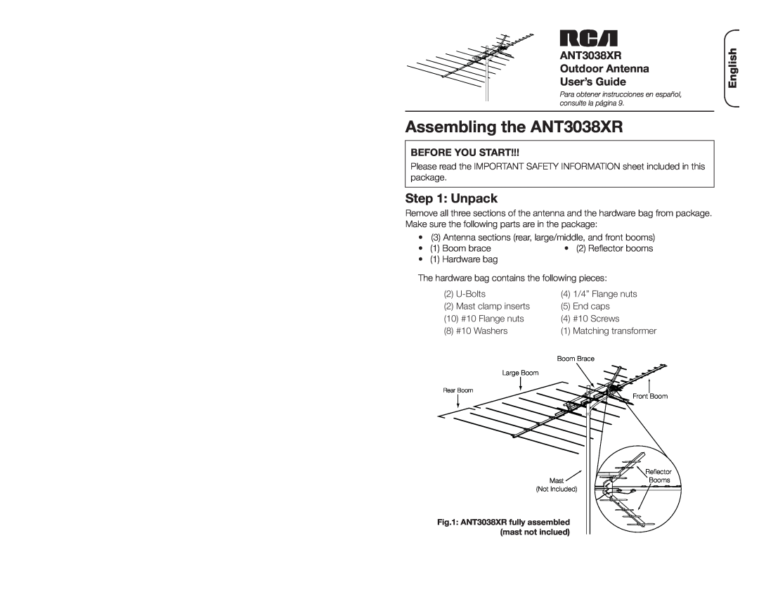 RCA manual Assembling the ANT3038XR, Unpack, ANT3038XR Outdoor Antenna User’s Guide, English, Before You Start 