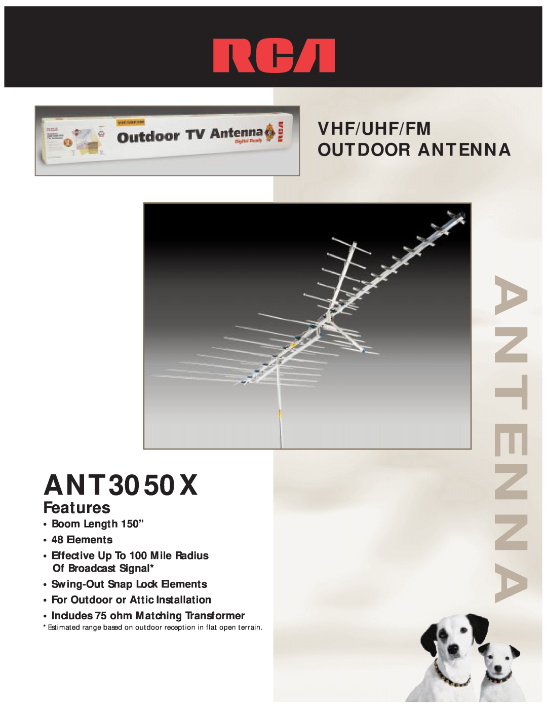 RCA ANT3050X manual Vhf/Uhf/Fm Outdoor Antenna, Features, Boom Length 150” 48 Elements, Swing-OutSnap Lock Elements 