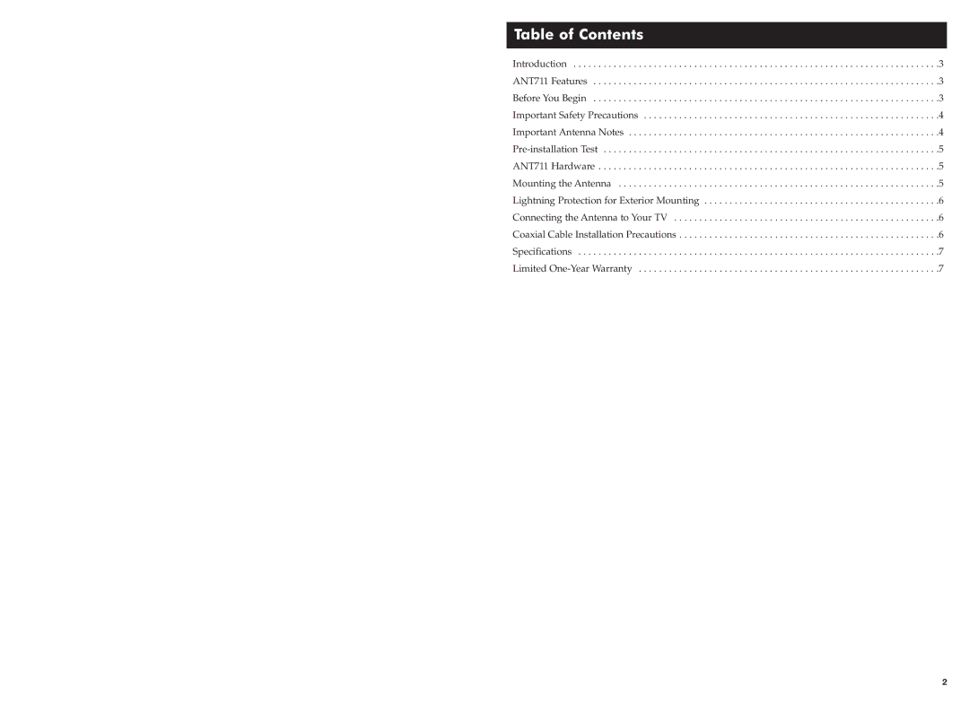 RCA ANT711 warranty Table of Contents 