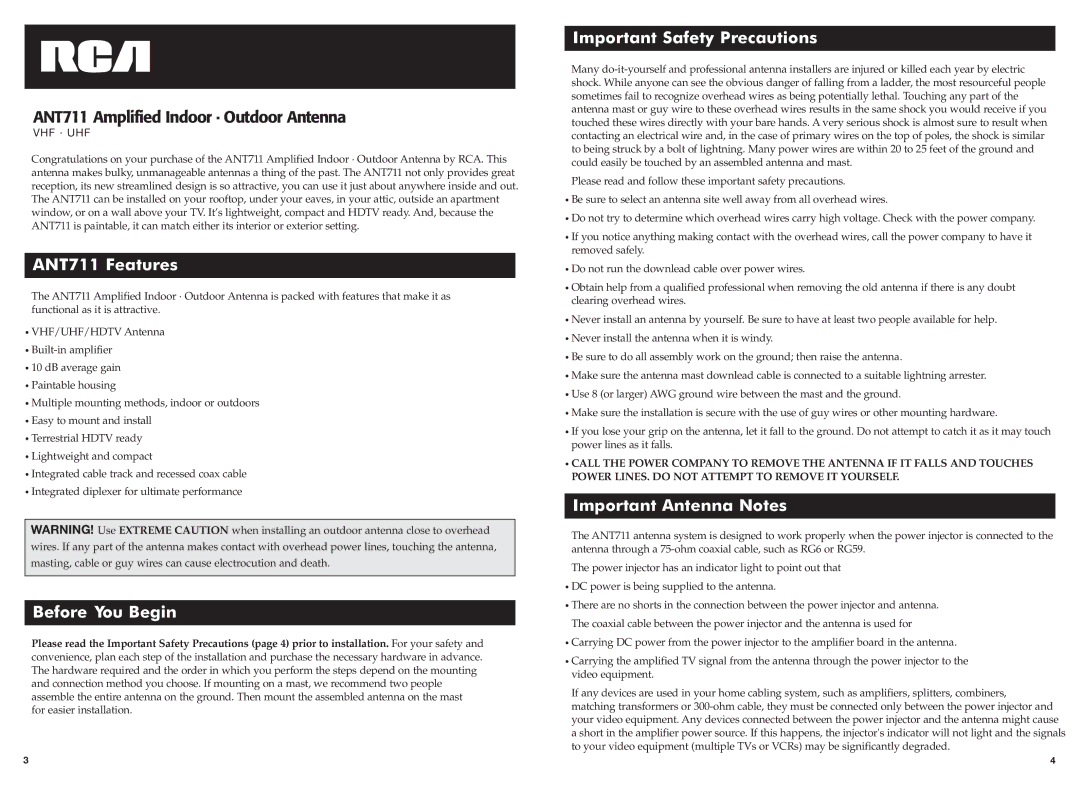 RCA warranty ANT711 Features, Before You Begin, Important Safety Precautions, Important Antenna Notes 