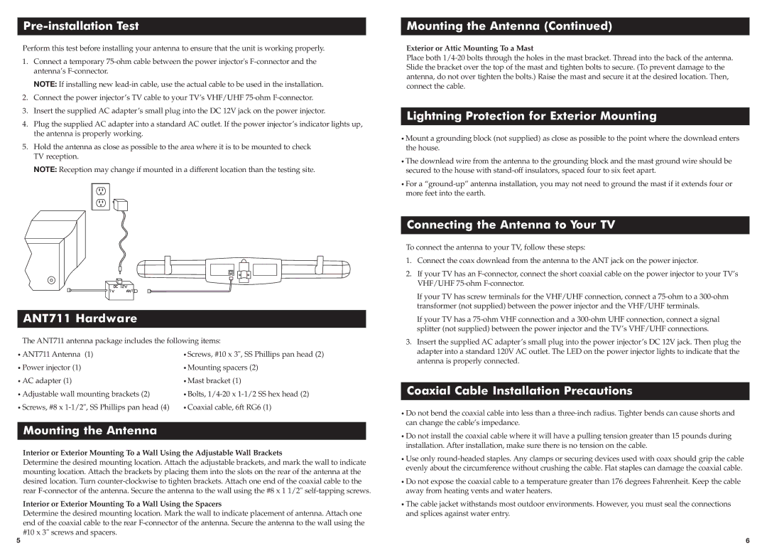 RCA warranty Pre-installation Test, ANT711 Hardware, Mounting the Antenna, Lightning Protection for Exterior Mounting 