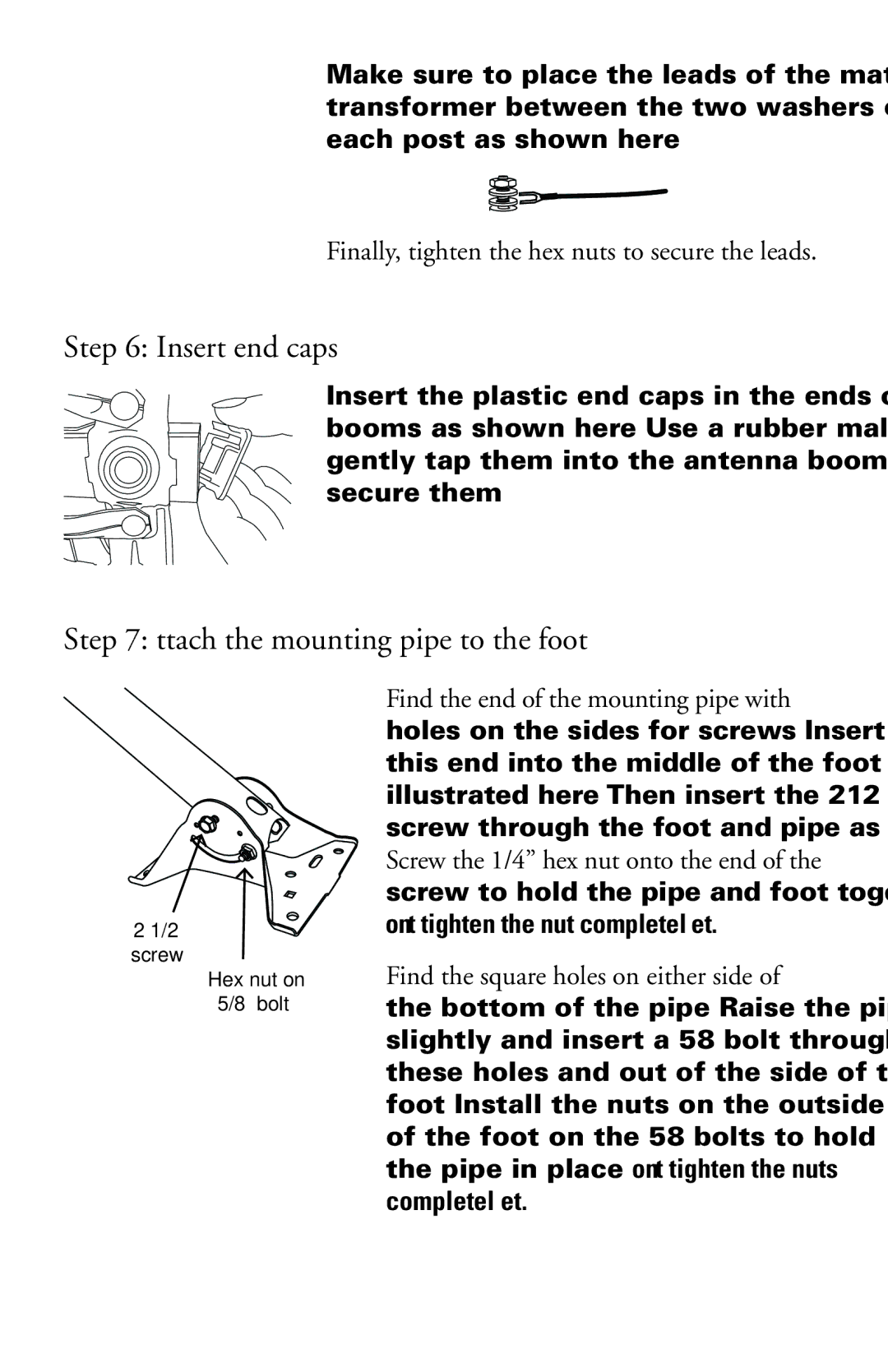 RCA ANT751 manual Insert end caps, Attach the mounting pipe to the foot 