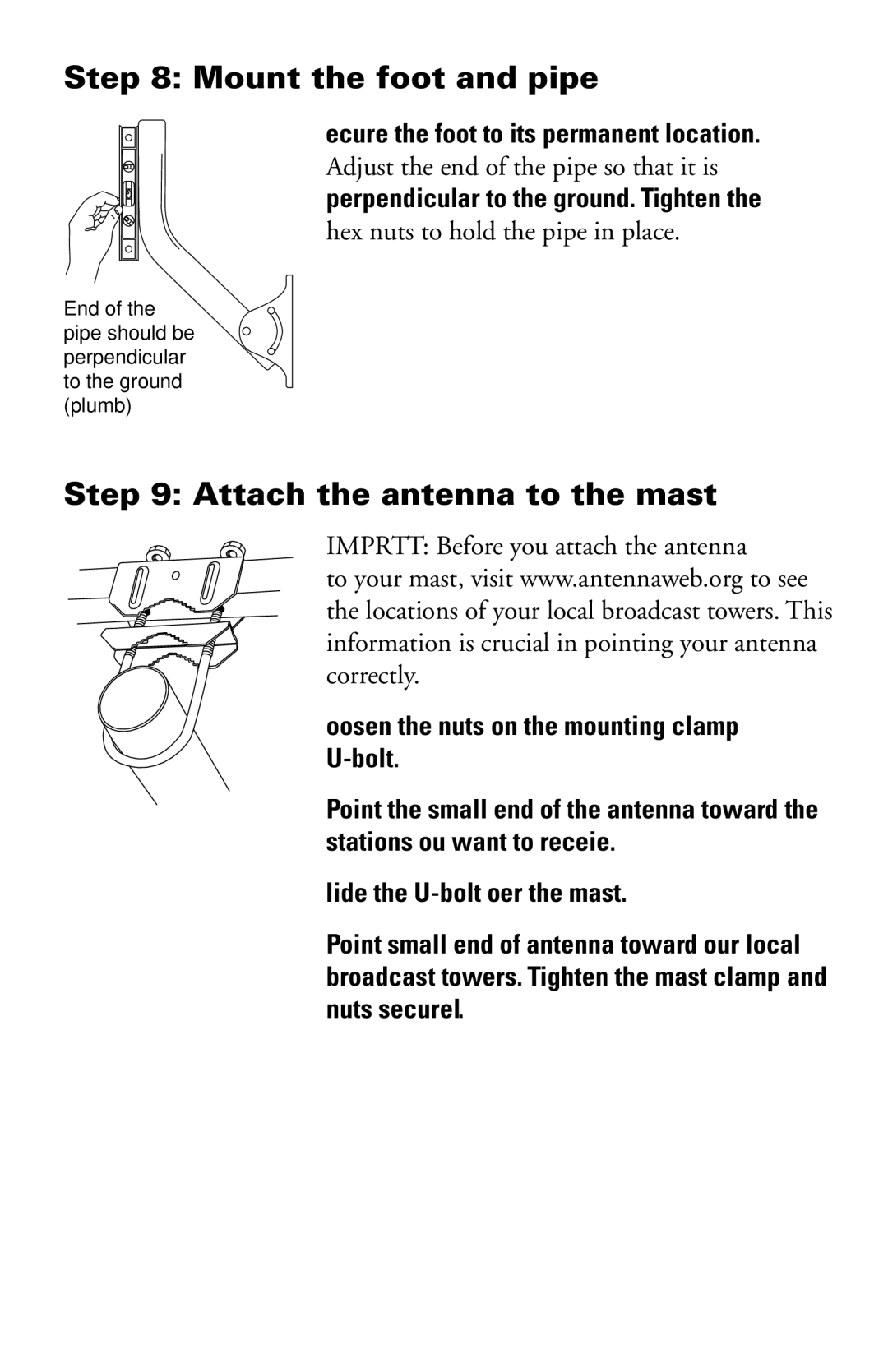 RCA ANT751 manual Mount the foot and pipe, Attach the antenna to the mast 