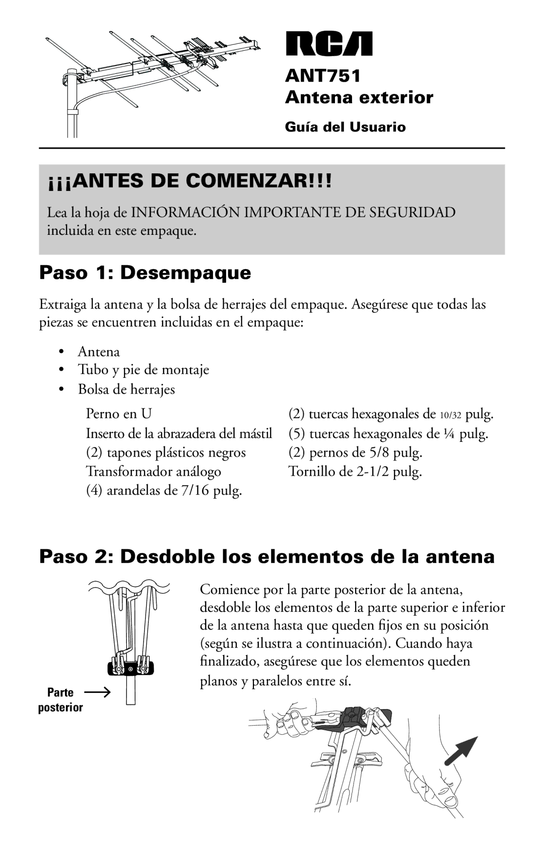 RCA ANT751 manual Paso 1 Desempaque, Paso 2 Desdoble los elementos de la antena 