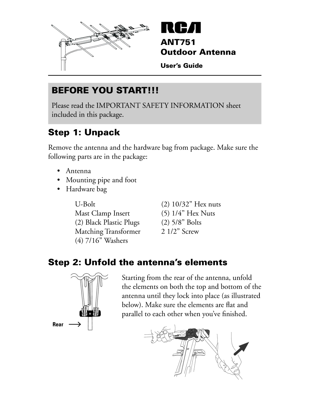 RCA ANT751 manual Unpack, Unfold the antenna’s elements 