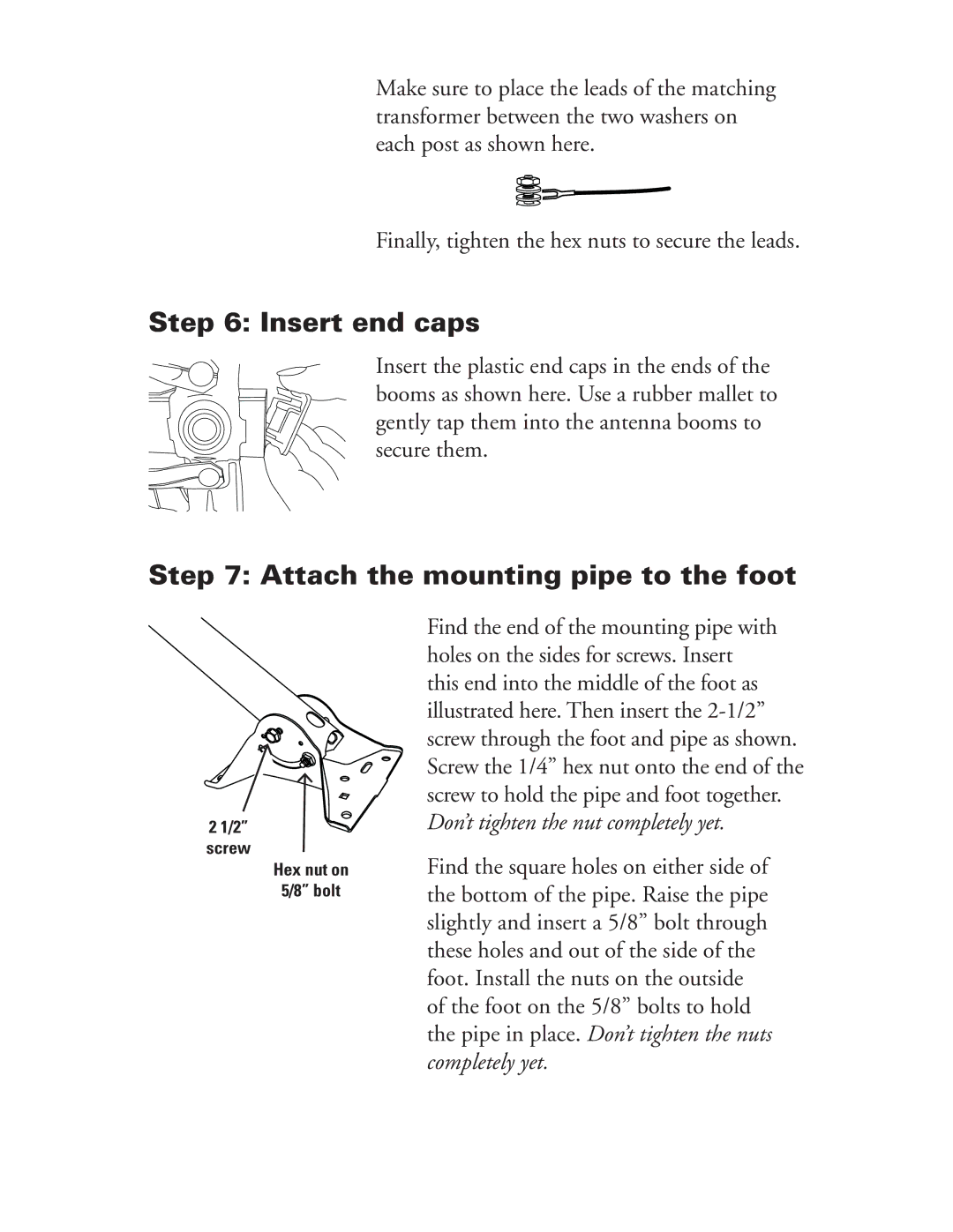 RCA ANT751 manual Insert end caps, Attach the mounting pipe to the foot 