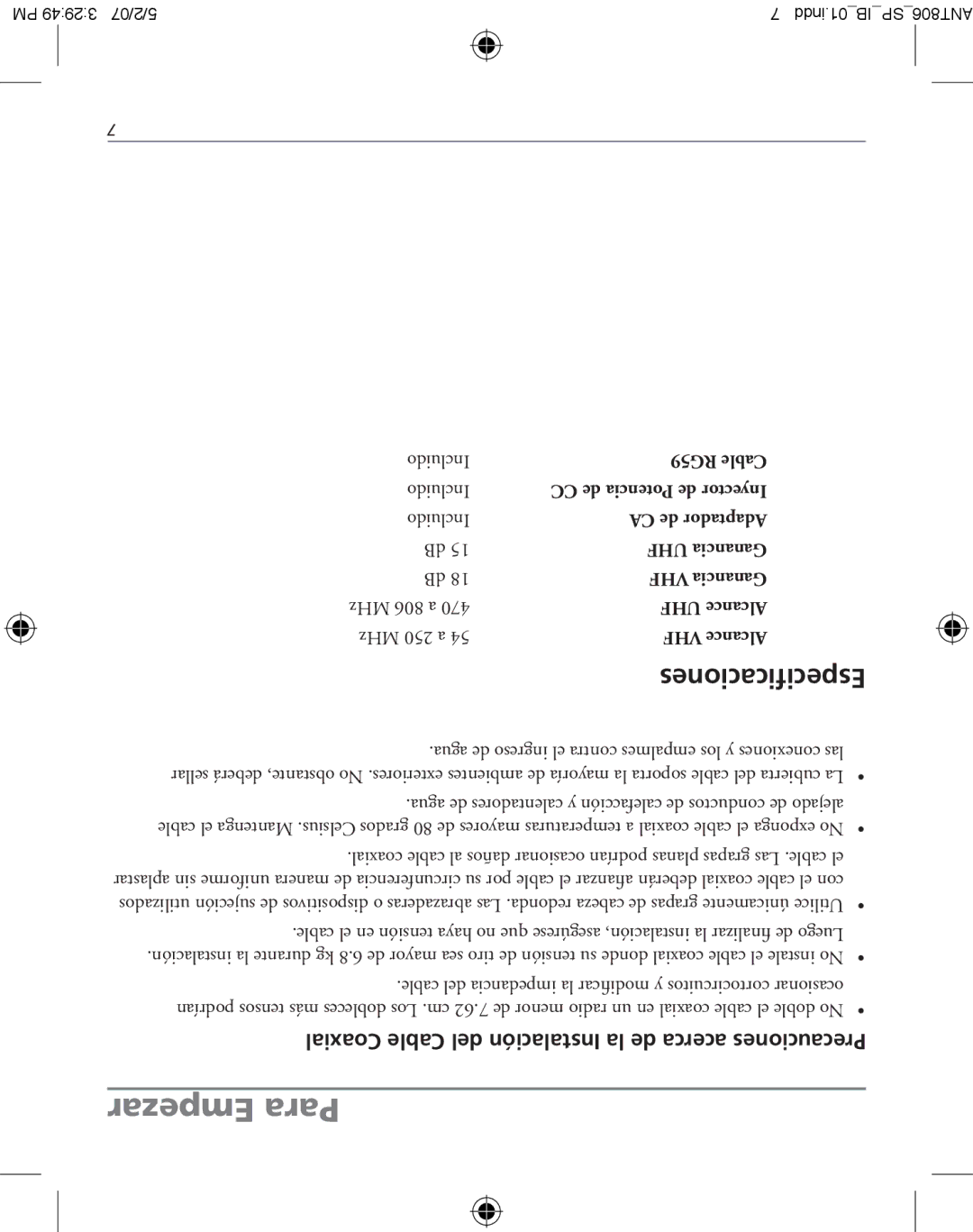 RCA ANT806 owner manual Empezar Para, Especificaciones, Incluido, MHz 806 a, MHz 250 a 