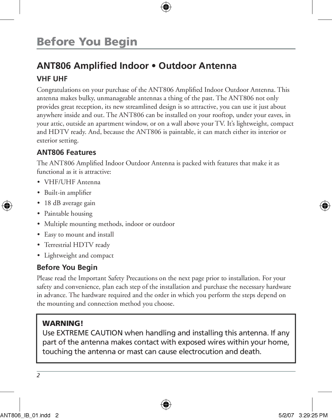 RCA owner manual Before You Begin, ANT806 Amplified Indoor Outdoor Antenna, ANT806 Features 