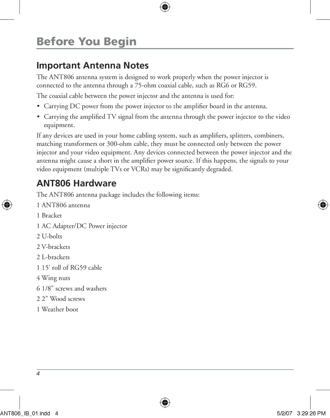 RCA owner manual Important Antenna Notes, ANT806 Hardware 