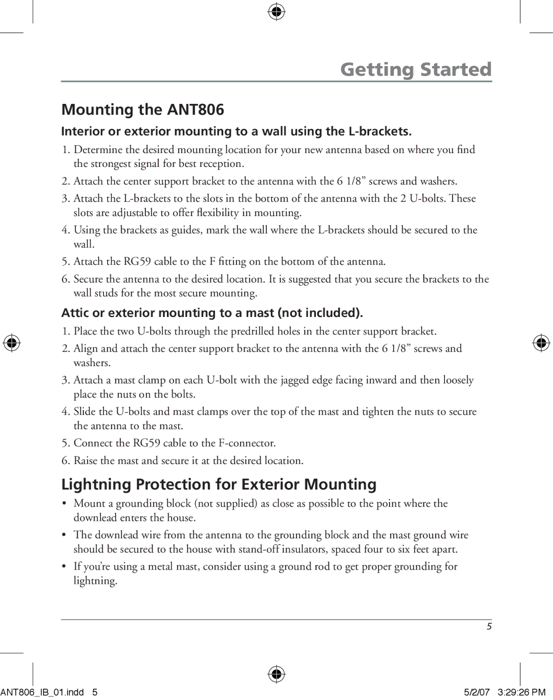 RCA owner manual Getting Started, Mounting the ANT806, Lightning Protection for Exterior Mounting 