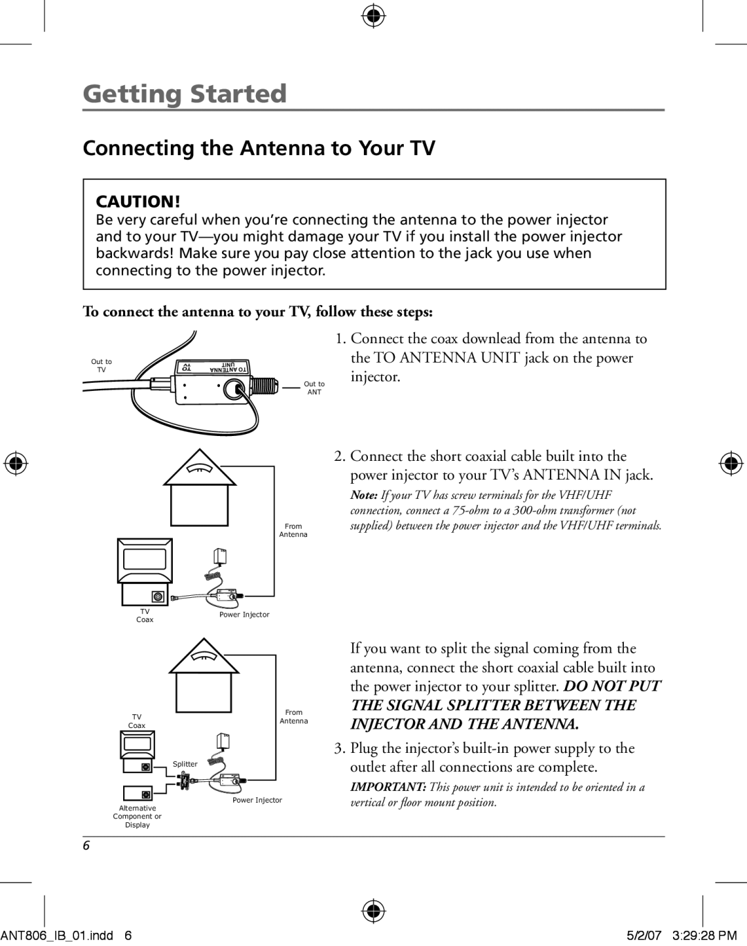 RCA ANT806 owner manual Connecting the Antenna to Your TV, To connect the antenna to your TV, follow these steps 