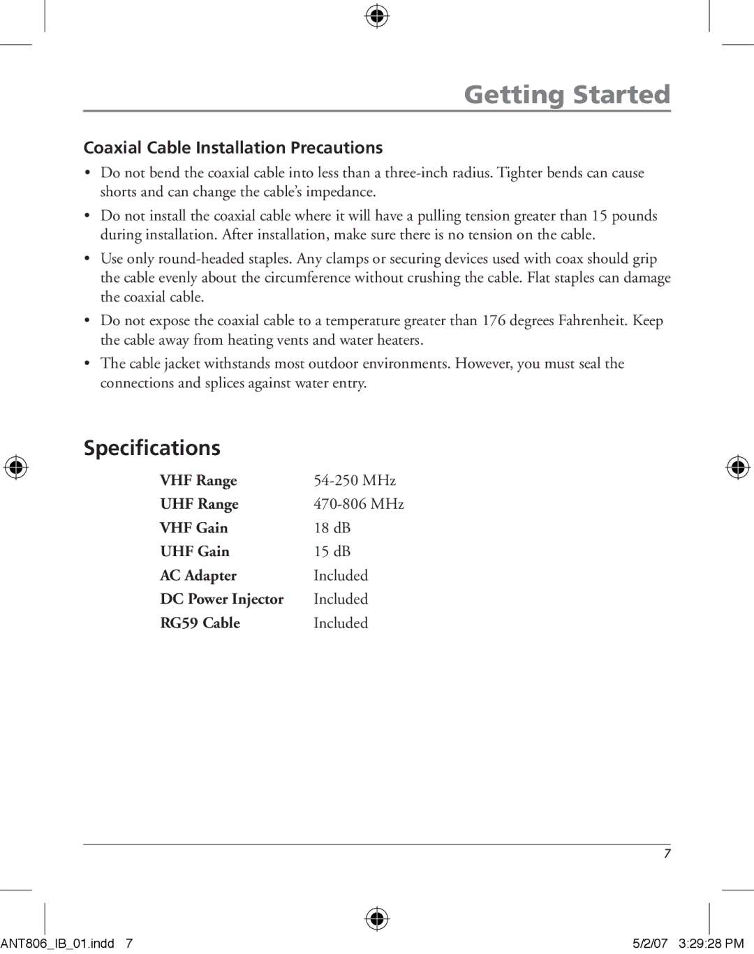 RCA ANT806 owner manual Specifications, Coaxial Cable Installation Precautions 